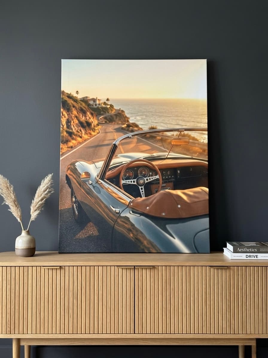 Cote d'Azur Vintage Convertible Canvas Print | Amber Gold Coastal Wall Art | Old Money Travel Photography Decor