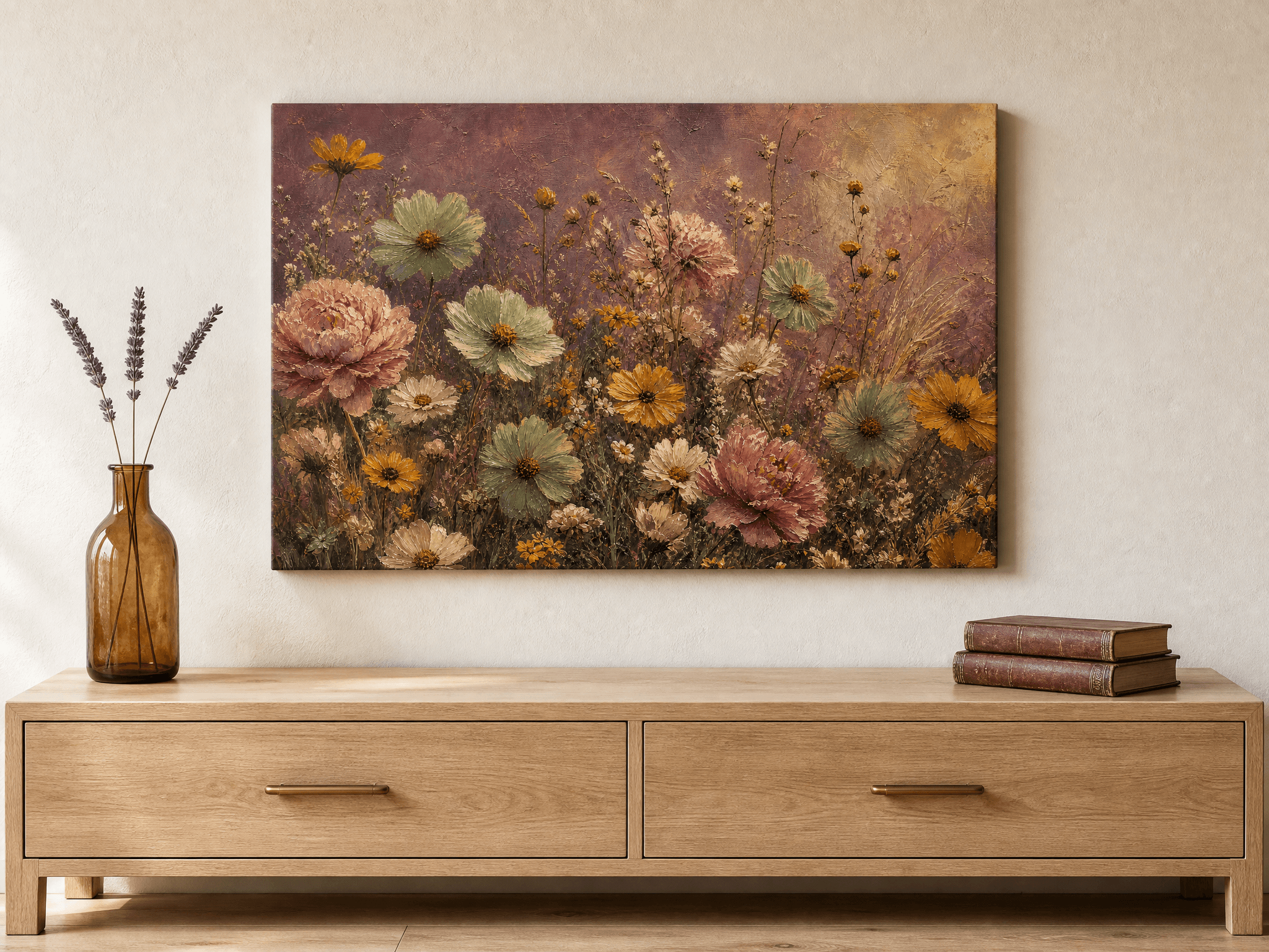 Cottagecore Wildflower Meadow Canvas Wall Art | Vintage Mauve Print | Living Room Home Decor