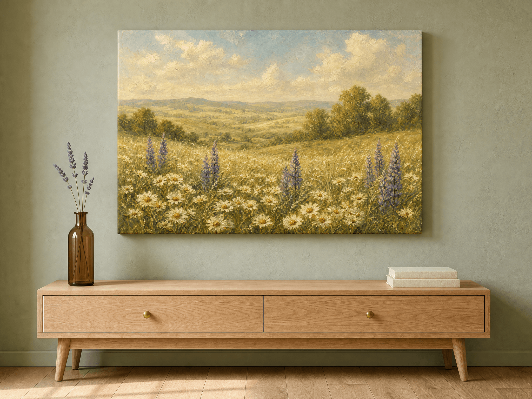 Cream Daisy Lavender Lupine Meadow Canvas Wall Art | Vintage Pastoral Landscape Print | Living Room Home Decor