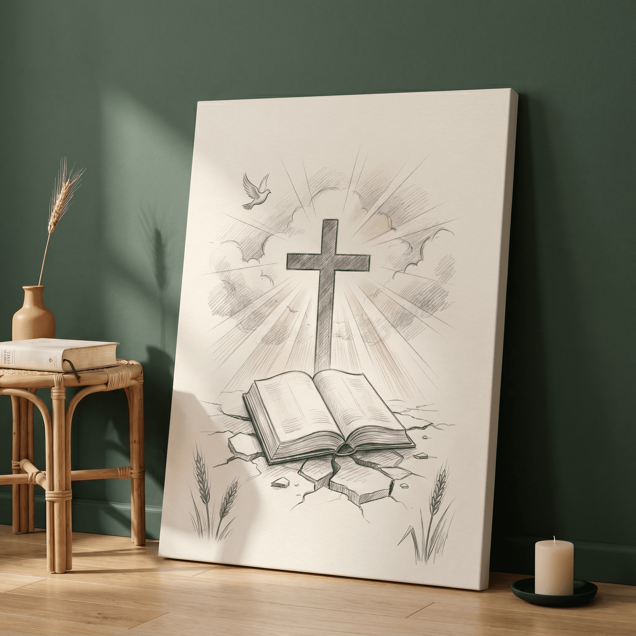 Cross And Bible Pencil Sketch Canvas Wall Art | Christian Devotional Print | Home Decor