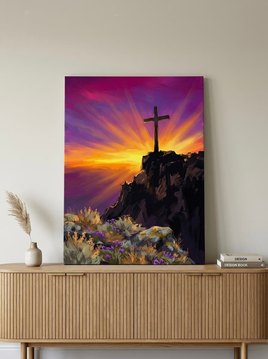 Cross Sunset Canvas Wall Art | Cinematic Christian Landscape Framed Print | Faith Bedroom Decor