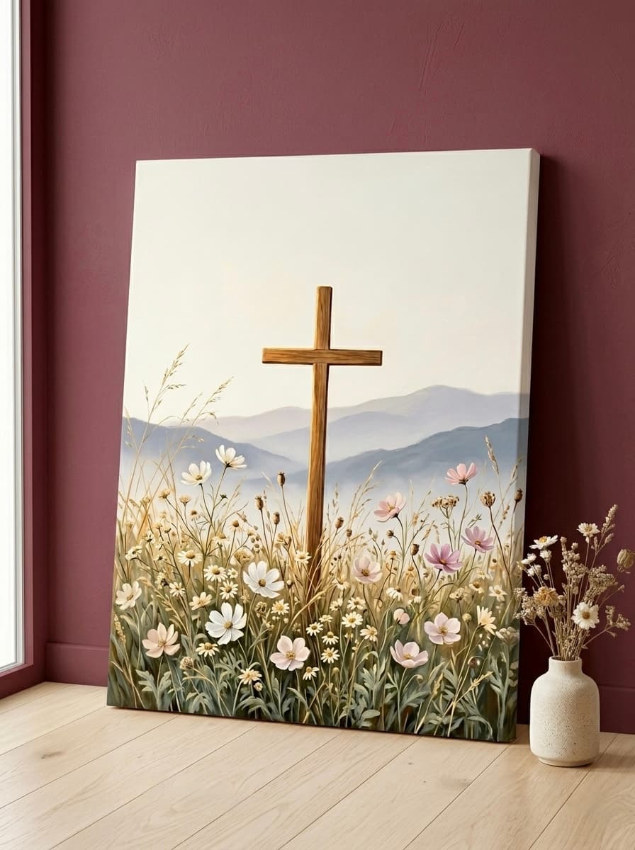 Cross Wildflower Field Canvas Wall Art | Faith Botanical Framed Print | Living Room Bedroom Decor