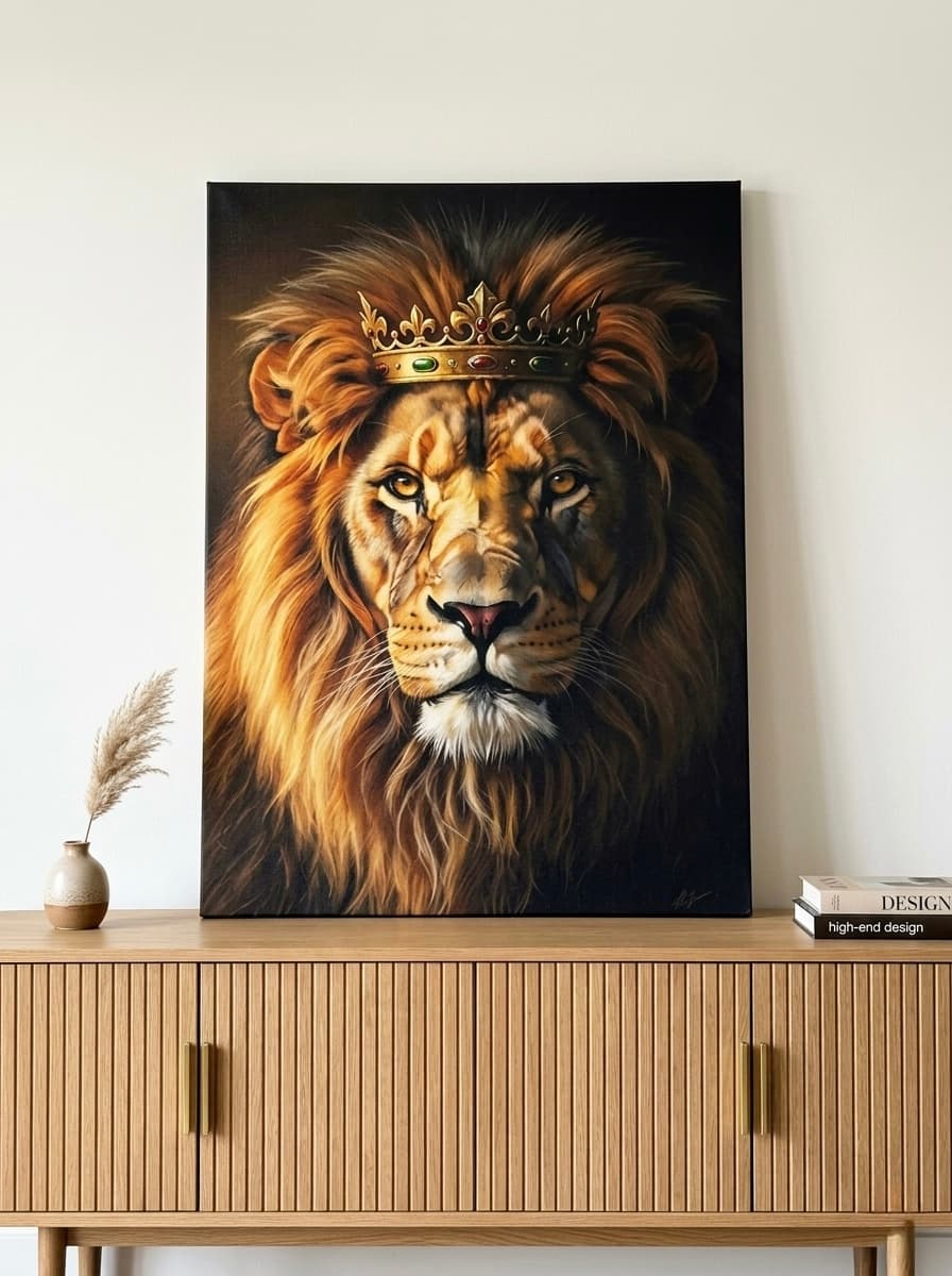 Crowned Lion Wall Art Canvas | Regal Strength Oil Painting Framed Print | Home Office Decor