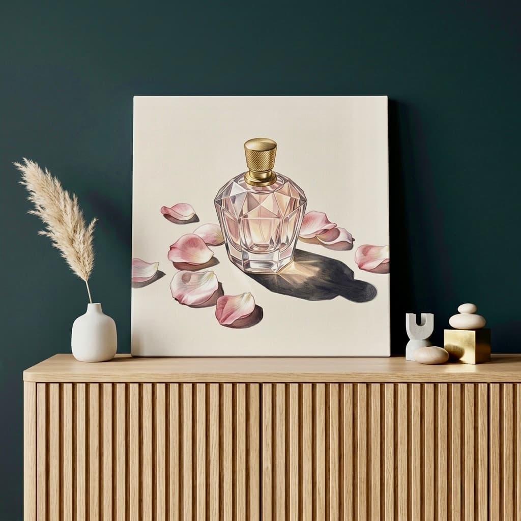 Crystal Perfume Bottle Canvas Wall Art | Luxury Rose Petals Framed Print | Bedroom Home Decor