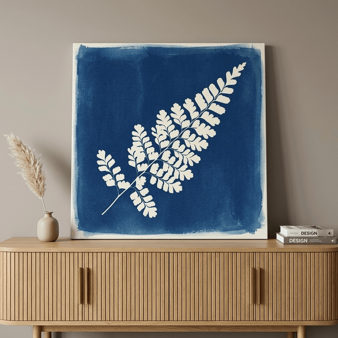 Cyanotype Fern Canvas Wall Art | Blue Botanical Framed Print | Coastal Home Decor