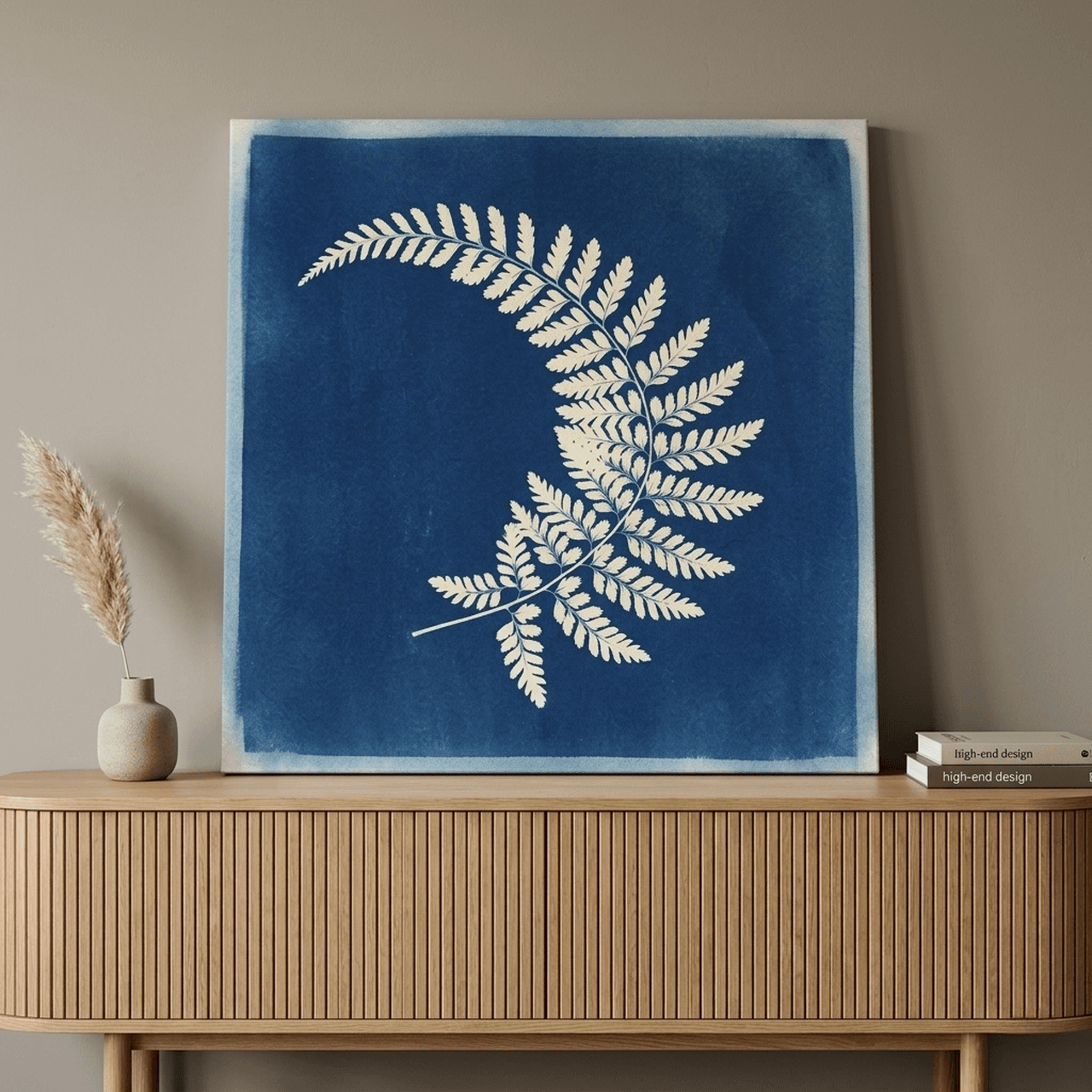 Cyanotype Sword Fern Canvas Wall Art | Blue Botanical Framed Print | Coastal Home Decor