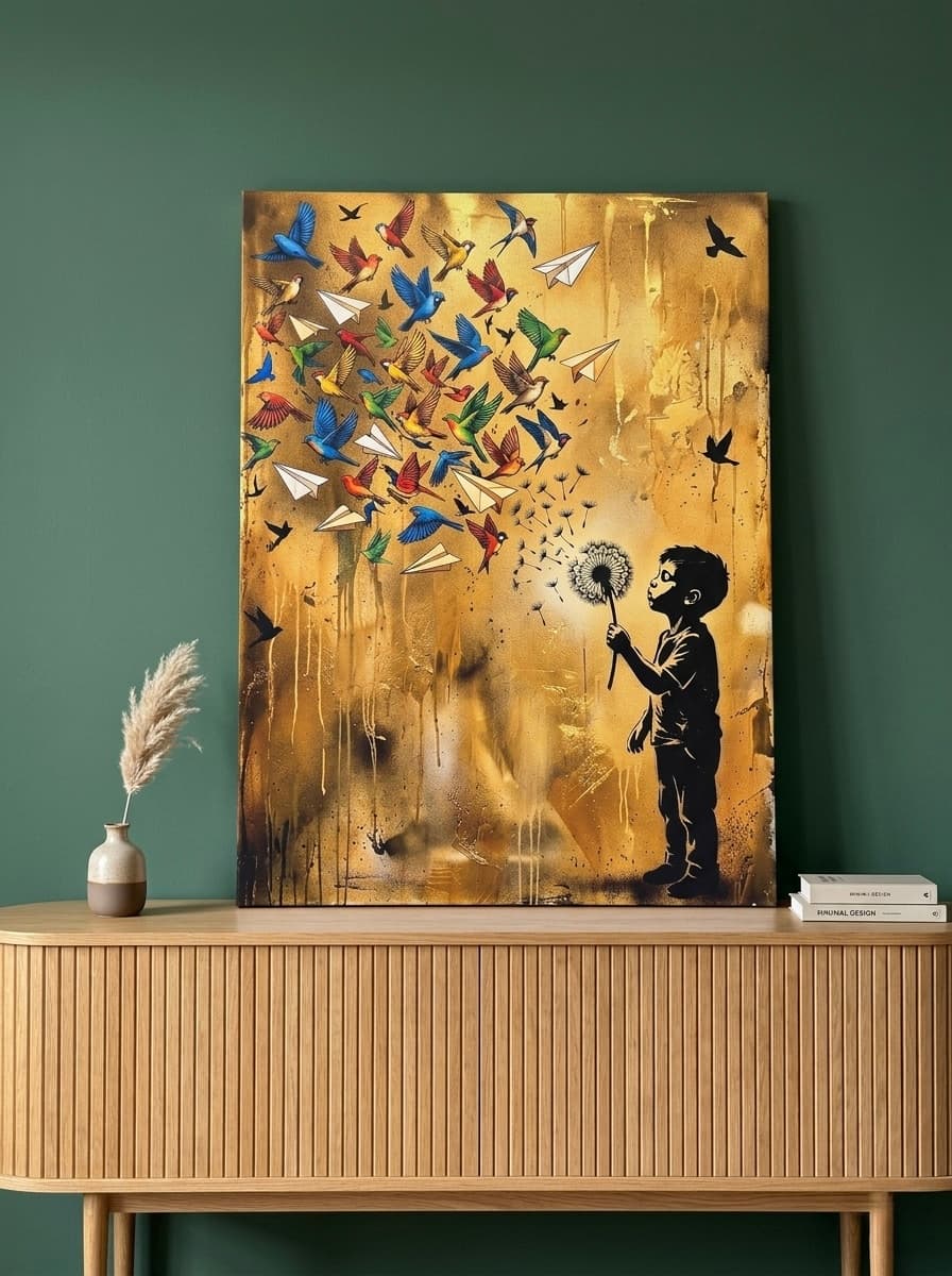 Dandelion Birds Street Art Nursery Canvas Wall Art | Modern Graphic Kids Room Decor | Bold Sepia Gift Print