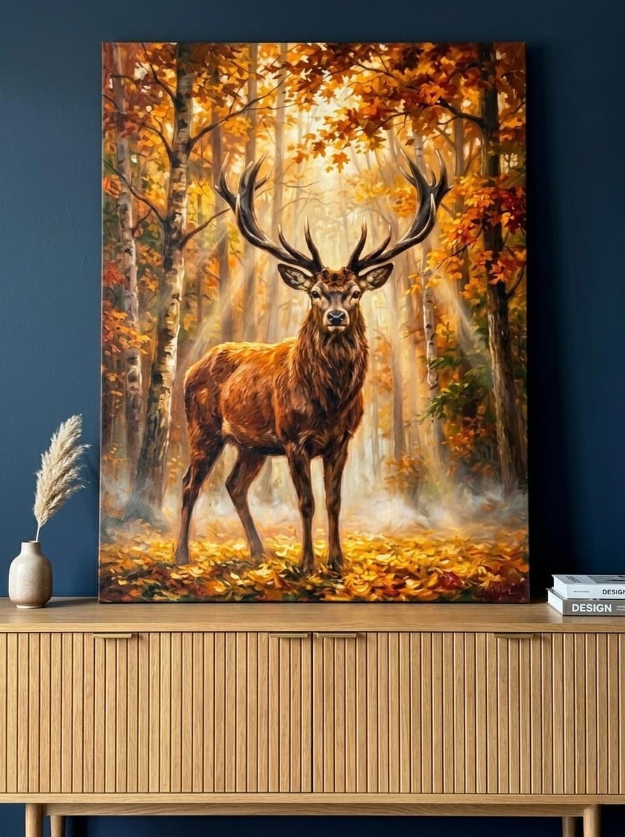 Deer Stag Canvas Wall Art | Autumn Forest Wildlife Oil Painting | Living Room Nature Decor
