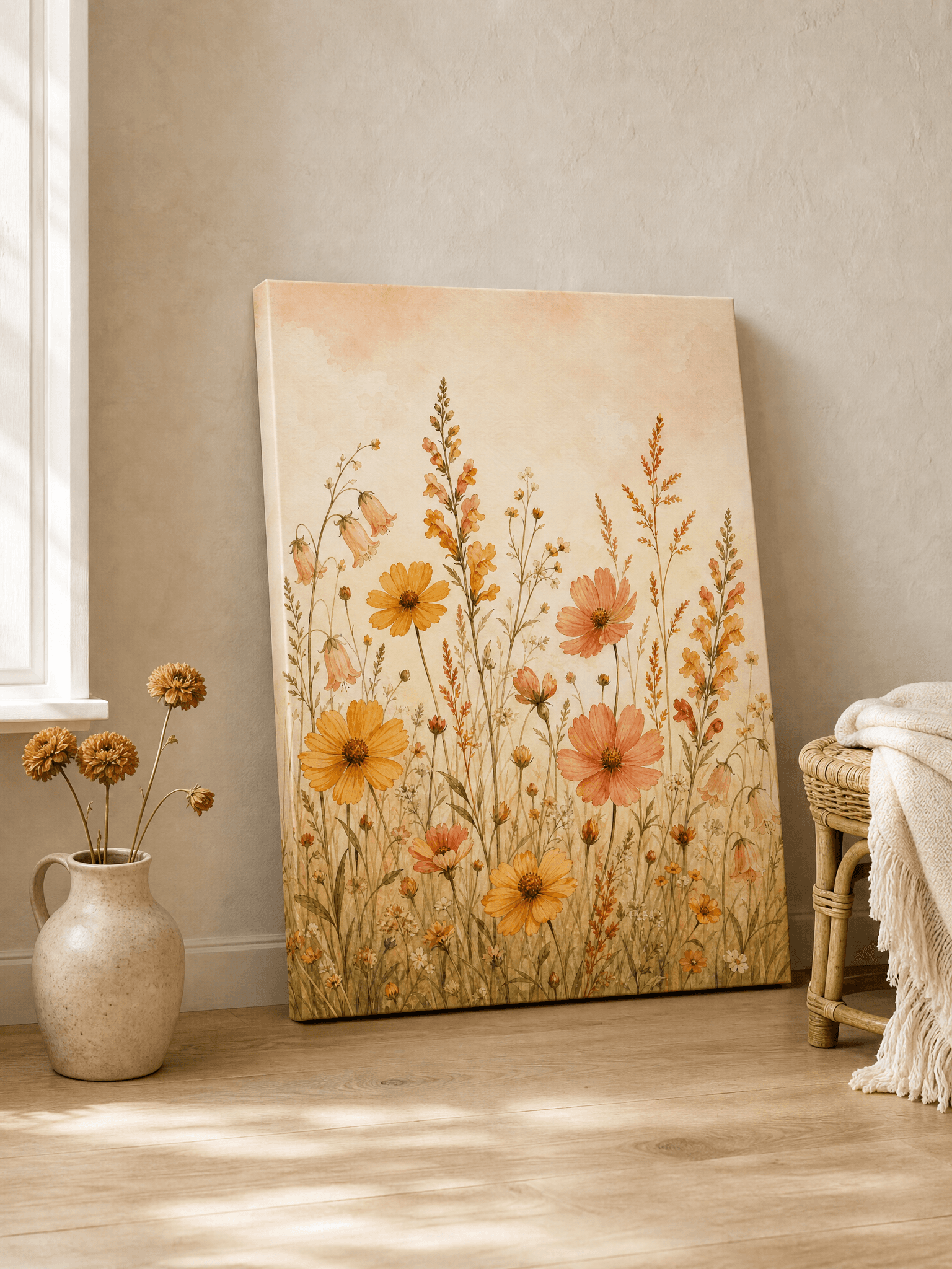 Delicate Wildflower Watercolor Canvas Wall Art | Mustard Coral Print | Bedroom Home Decor