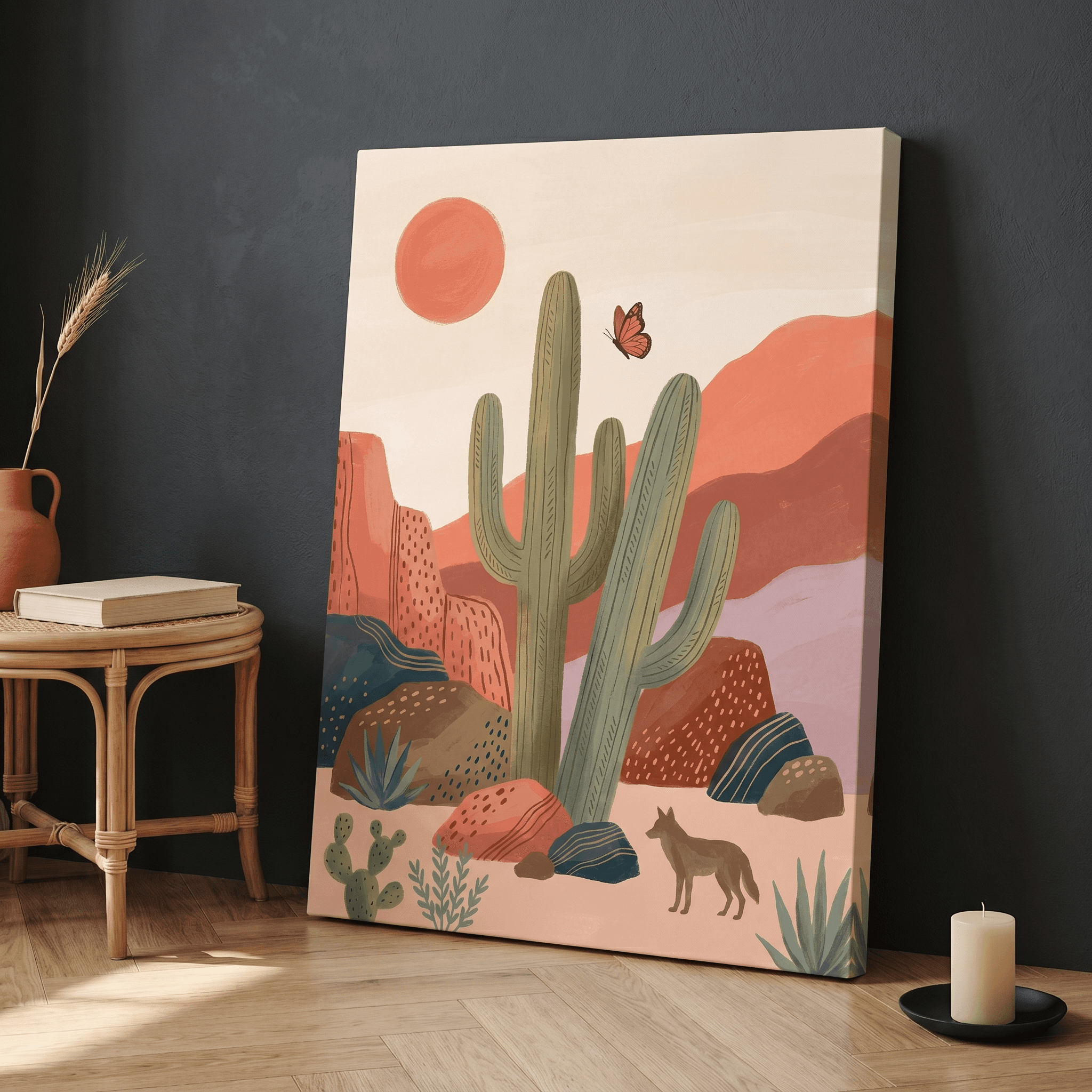 Desert Saguaro Cactus Canvas Wall Art | Boho Southwest Illustration Print | Living Room Home Decor