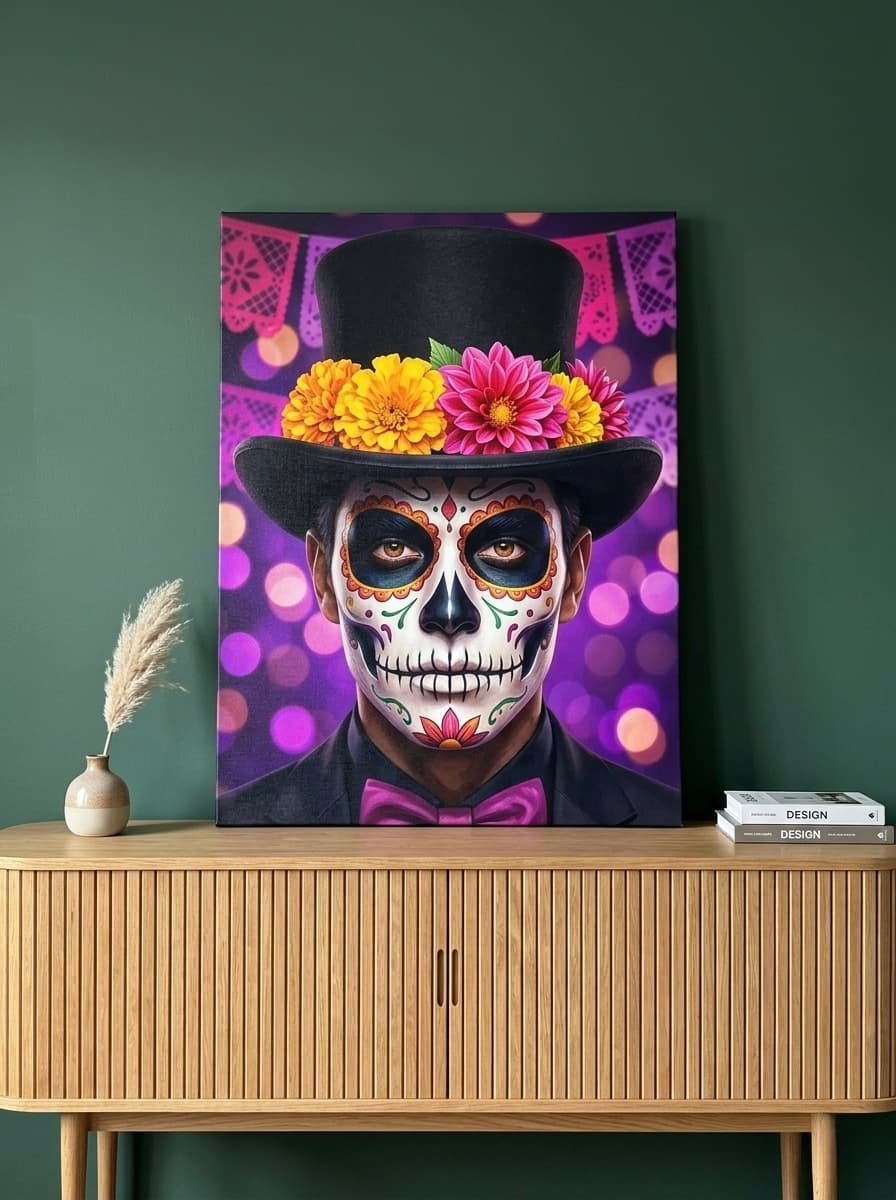 Dia de los Muertos Canvas Wall Art | Sugar Skull Catrin Portrait Print | Mexican Cultural Decor | Vibrant Festival Art