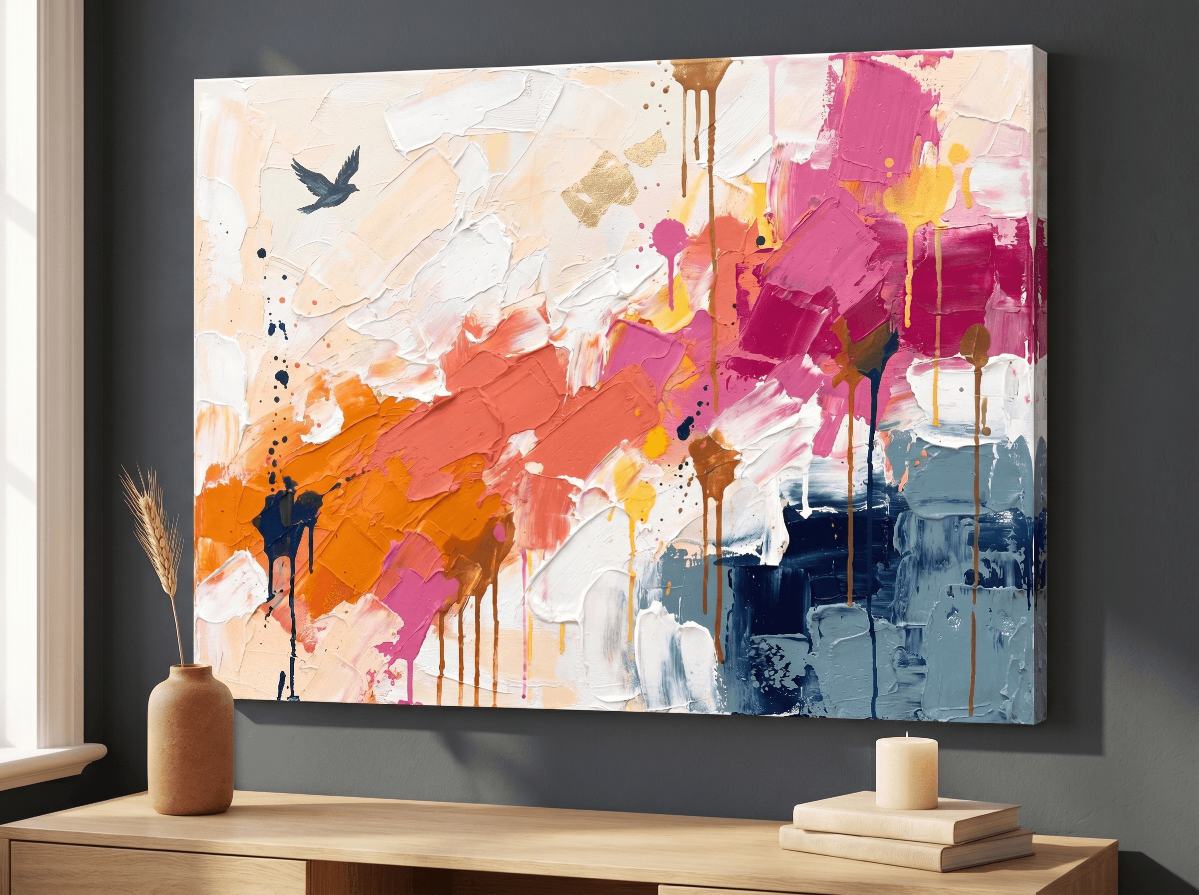 Diagonal Color Flow Abstract Canvas Wall Art | Pink Cobalt Impasto Print | Living Room Home Decor