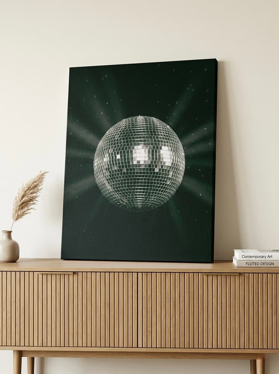Disco Ball Forest Green Canvas Print | Dark Moody Wall Art | Silver Glam Photography Art Decor