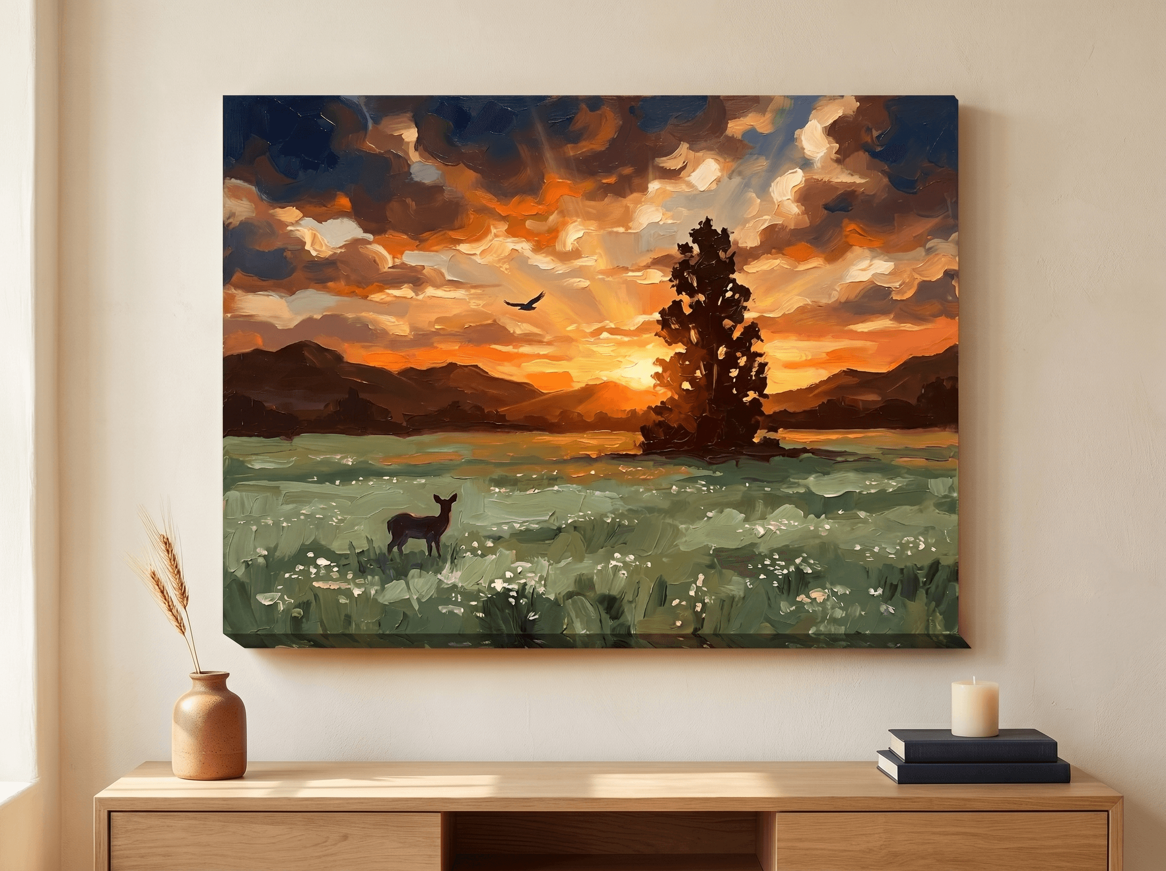 Dramatic Sunset Tree Silhouette Canvas Wall Art | Painterly Oil Sky Print | Living Room Home Decor