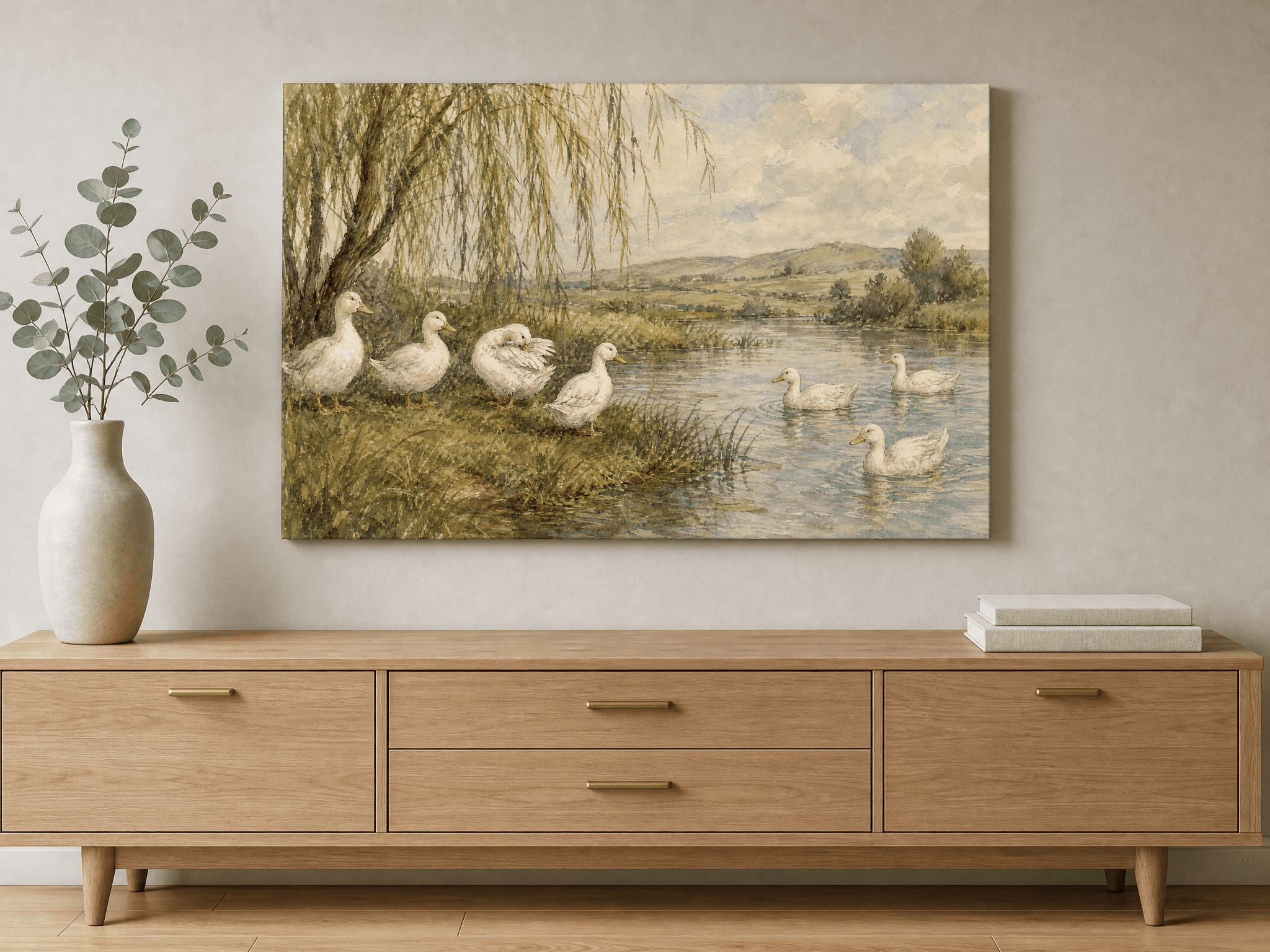 Ducks At The Pond Canvas Wall Art | Vintage Watercolor Print | Living Room Home Decor