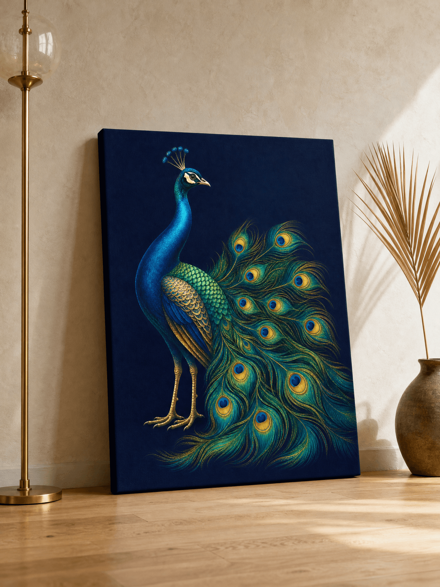 Elegant Peacock Navy Canvas Wall Art | Luxury Bird Print | Living Room Home Decor
