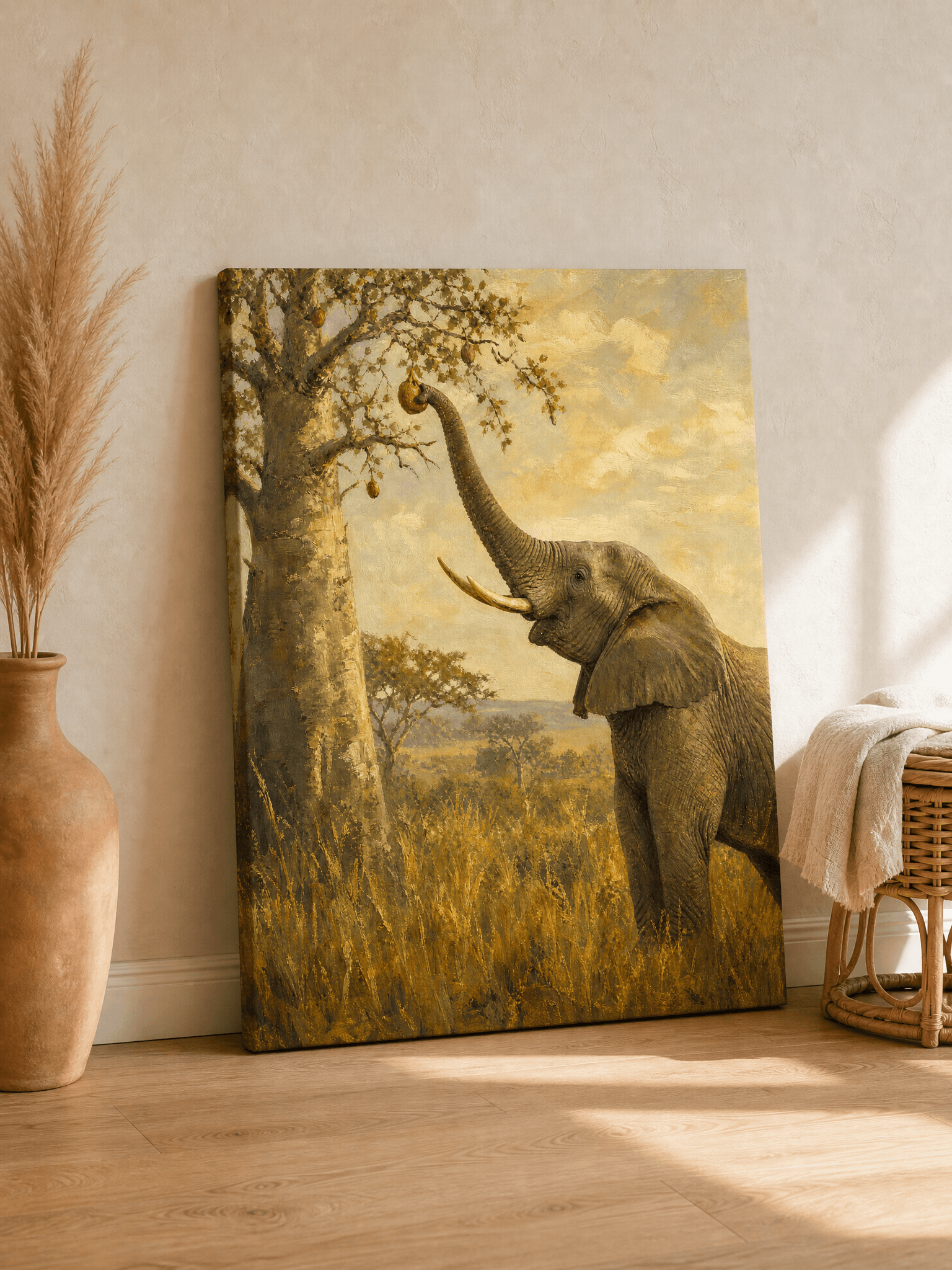 Elephant Baobab Tree Canvas Wall Art | Safari Oil Painting Print | Living Room Home Decor