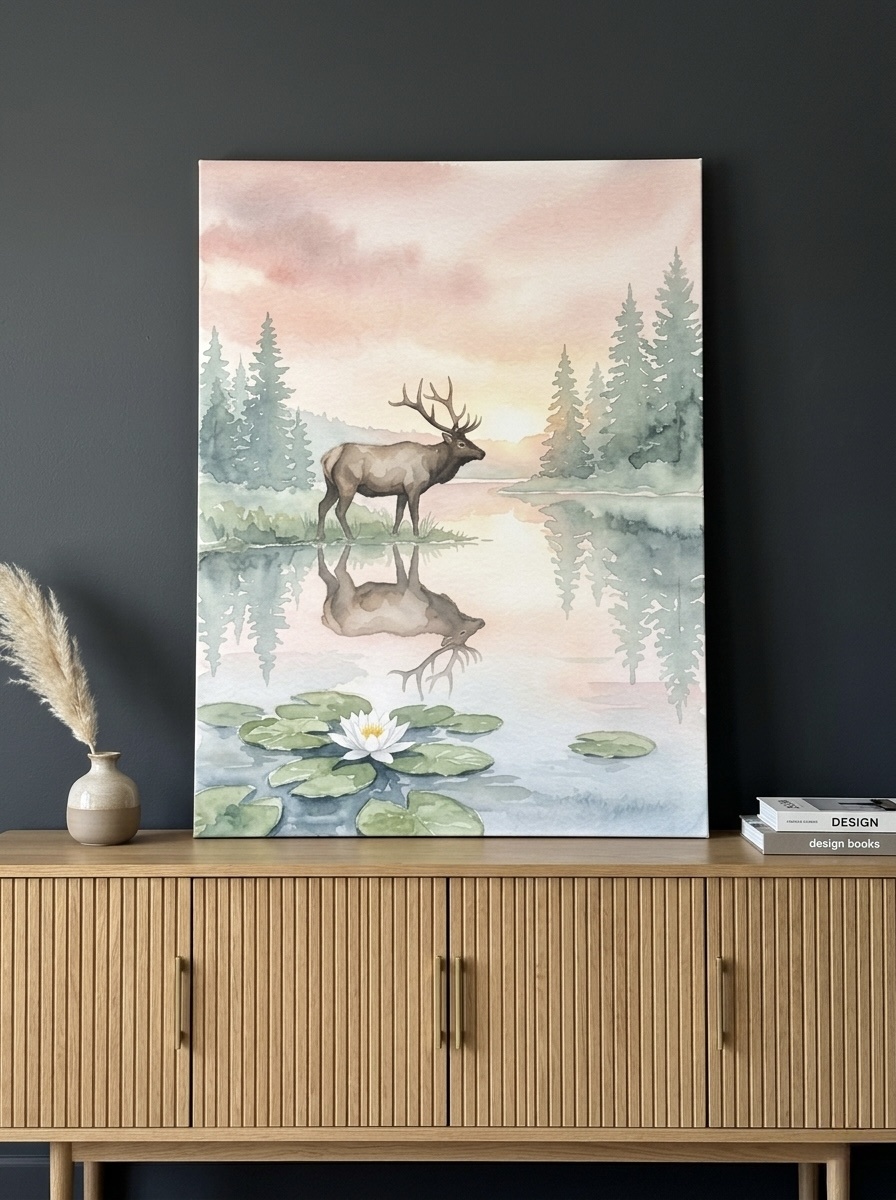 Elk Canvas Wall Art | Watercolor Wildlife Reflection Painting | Framed Canvas Print, Ready to Hang