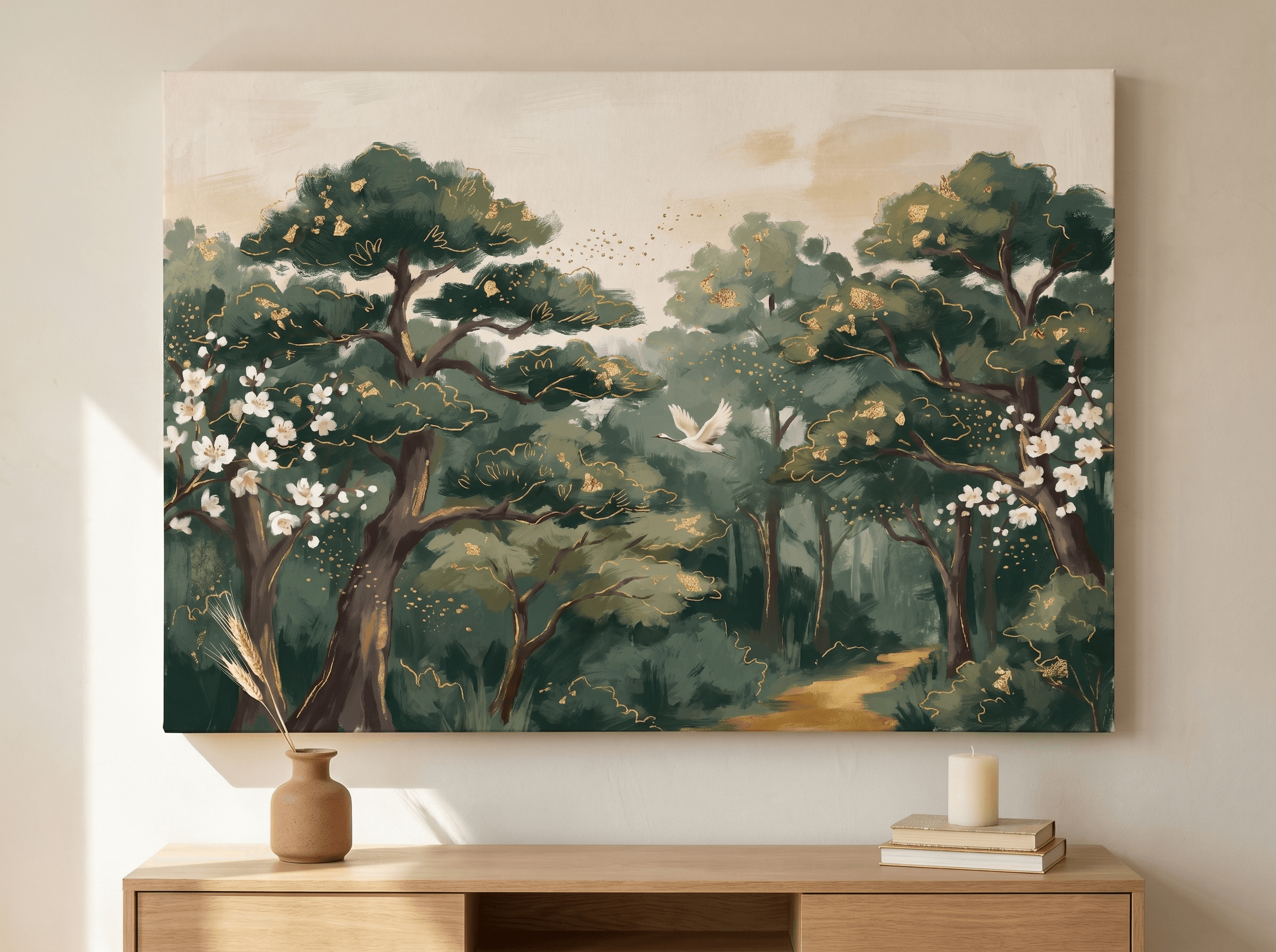 Emerald Japanese Forest Canvas Wall Art | Gold Leaf Chinoiserie Print | Living Room Home Decor