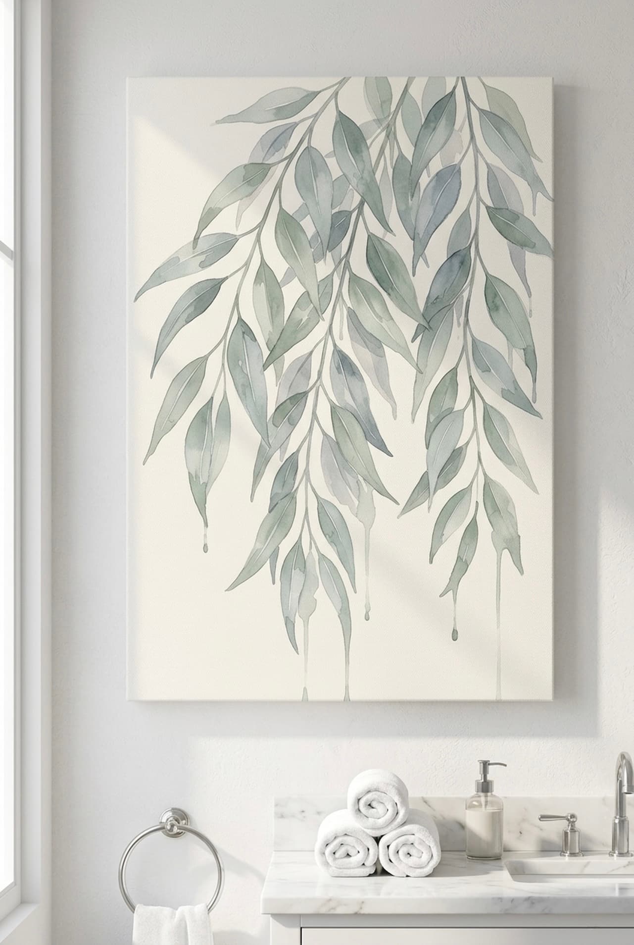 Eucalyptus Branches Canvas Wall Art | Soft Watercolor Botanical Framed Print | Bedroom Home Decor