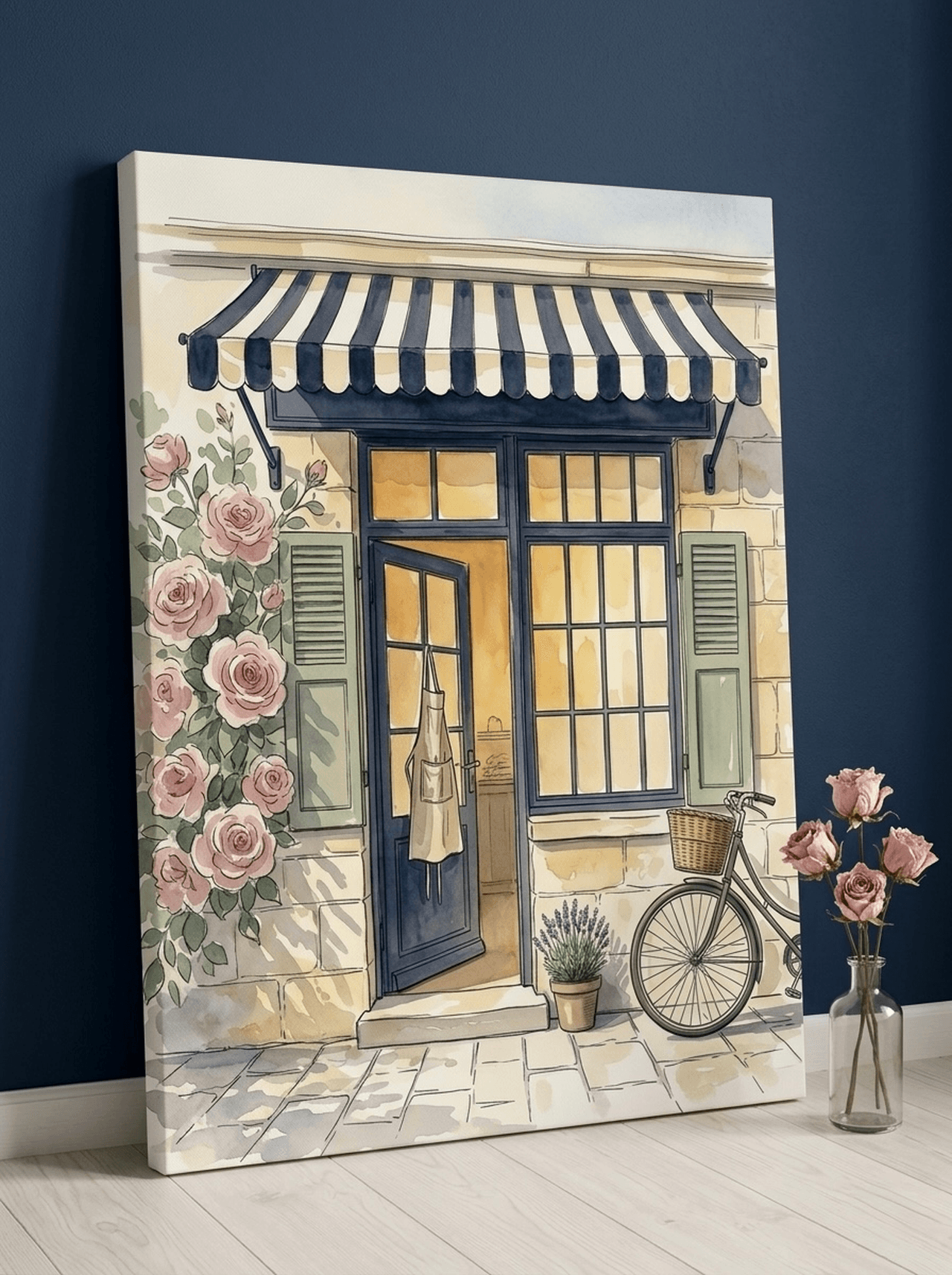 European Storefront Canvas Wall Art | Watercolor Framed Print | Cottagecore Home Decor