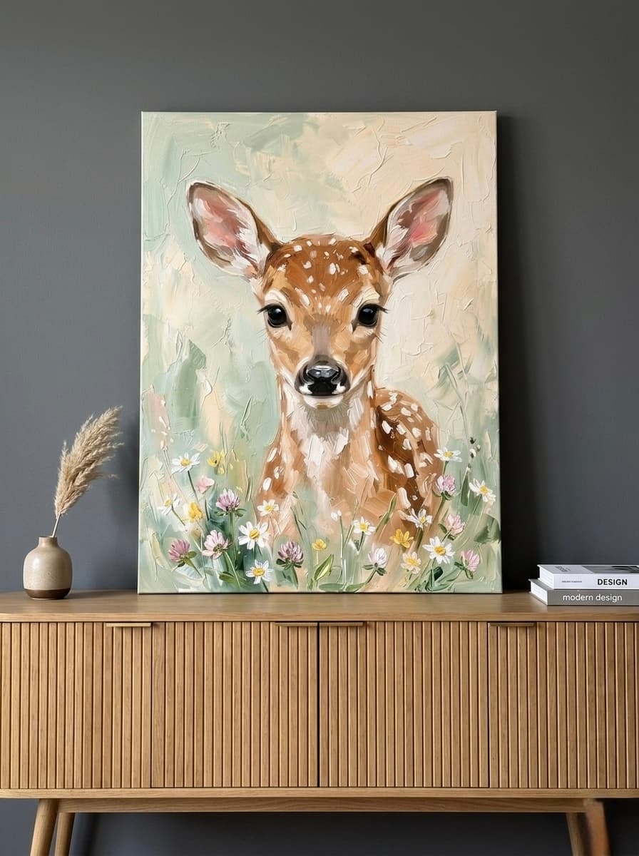 Fawn Deer Impressionist Portrait Nursery Canvas Wall Art | Woodland Sage Kids Room Decor | Nature Gift