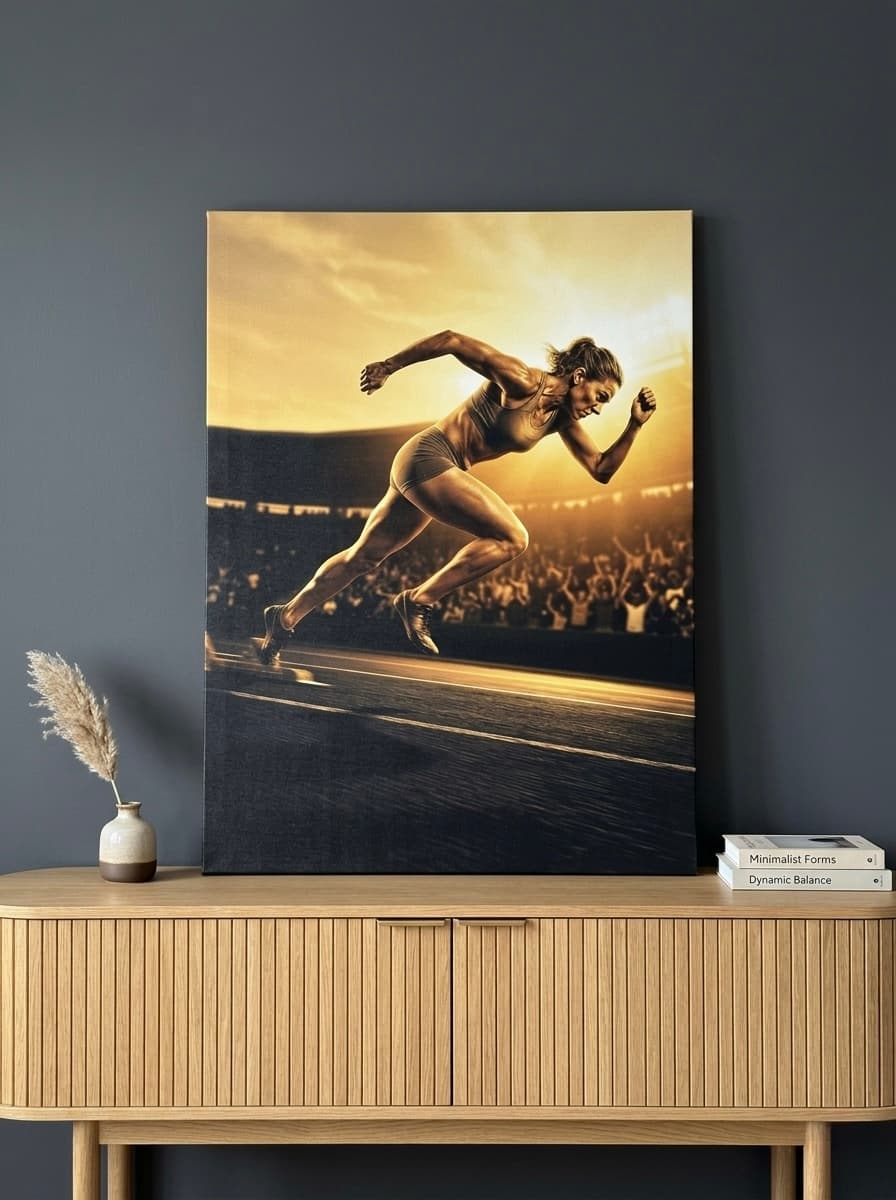 Female Sprinter Canvas Wall Art | Golden Sports Framed Print | Athlete Home Decor