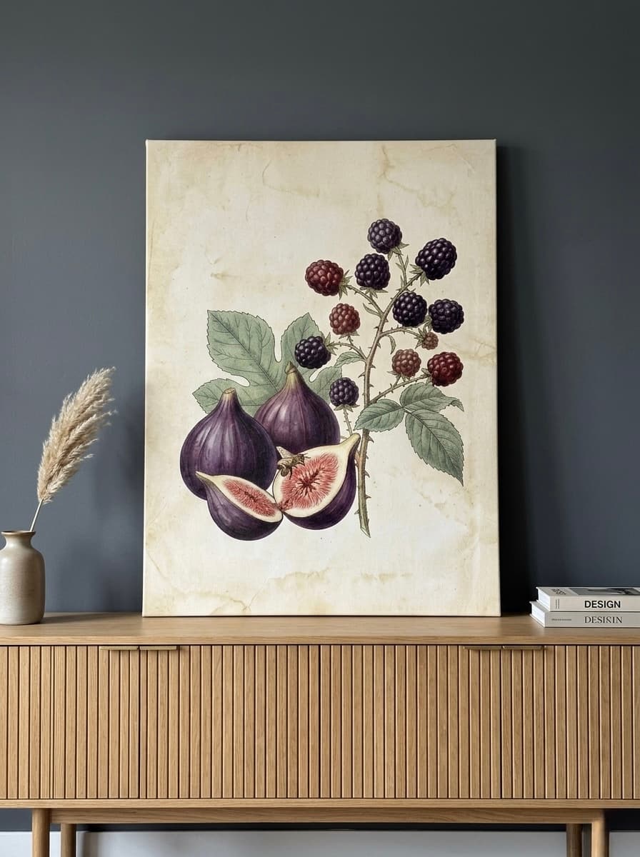 Figs and Blackberries Canvas Wall Art | Vintage Botanical Kitchen Print | Dining Room Framed Decor
