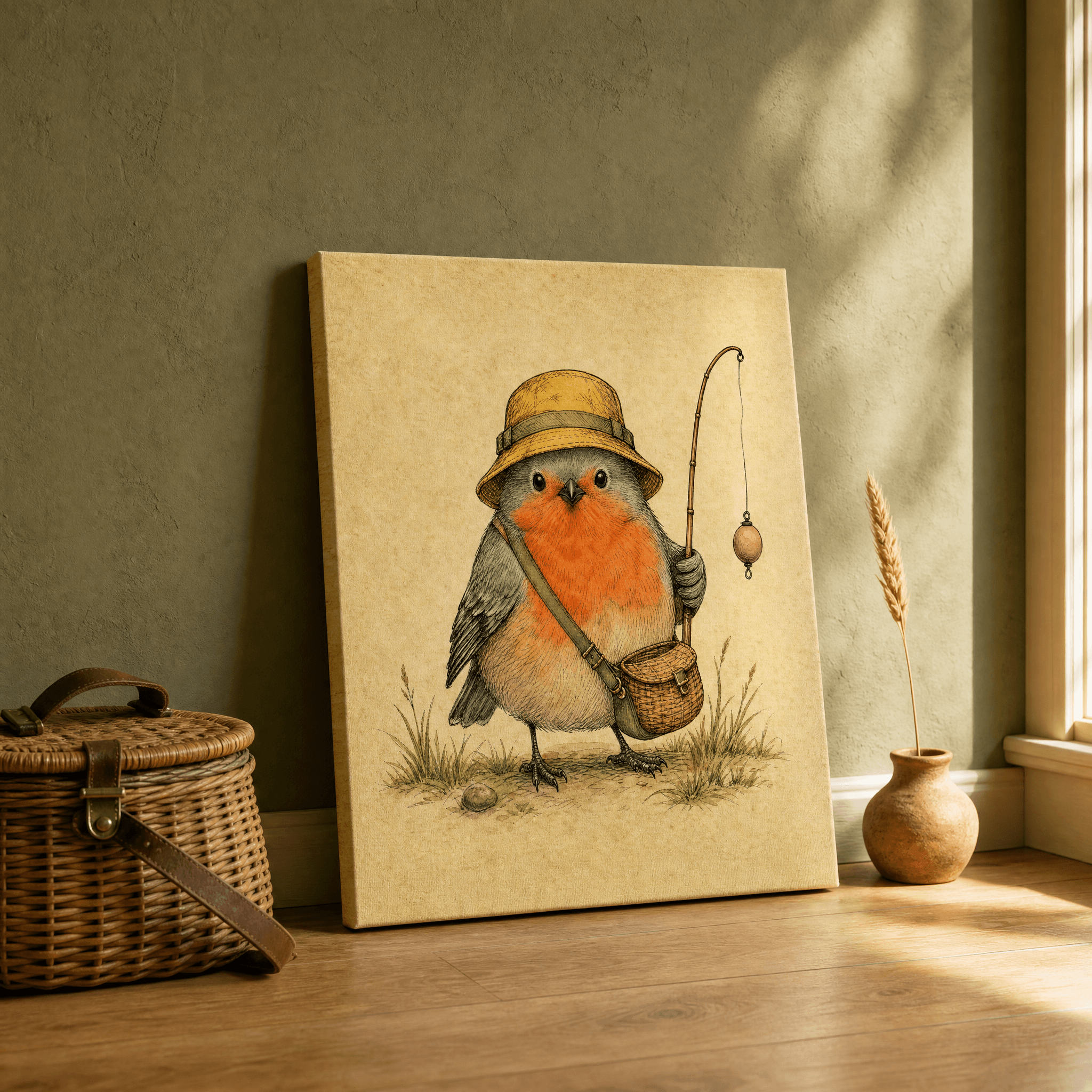 Fisherman Robin Bird Canvas Wall Art | Whimsical Pen Ink Print | Kids Room Home Decor