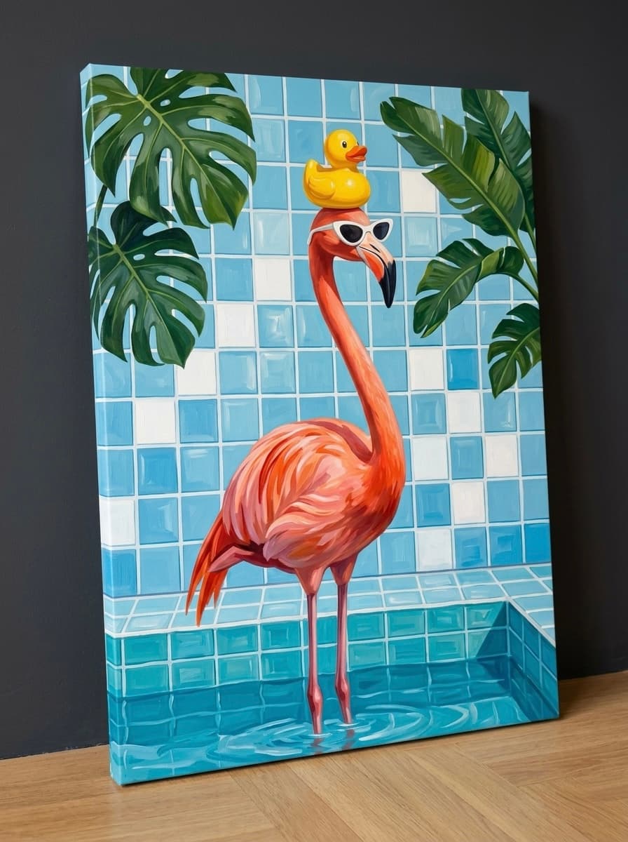 Flamingo Pool Canvas Wall Art | Funny Summer Framed Print | Bathroom Pool Room Decor
