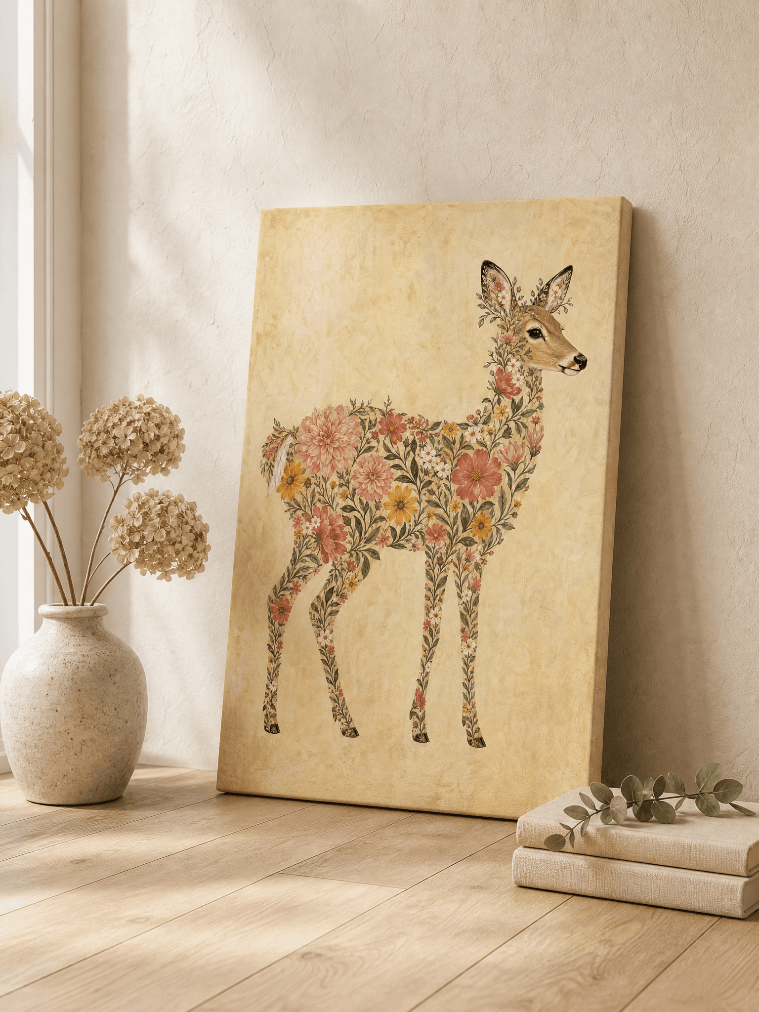 Floral Deer Silhouette Canvas Wall Art | Botanical Animal Print | Bedroom Home Decor