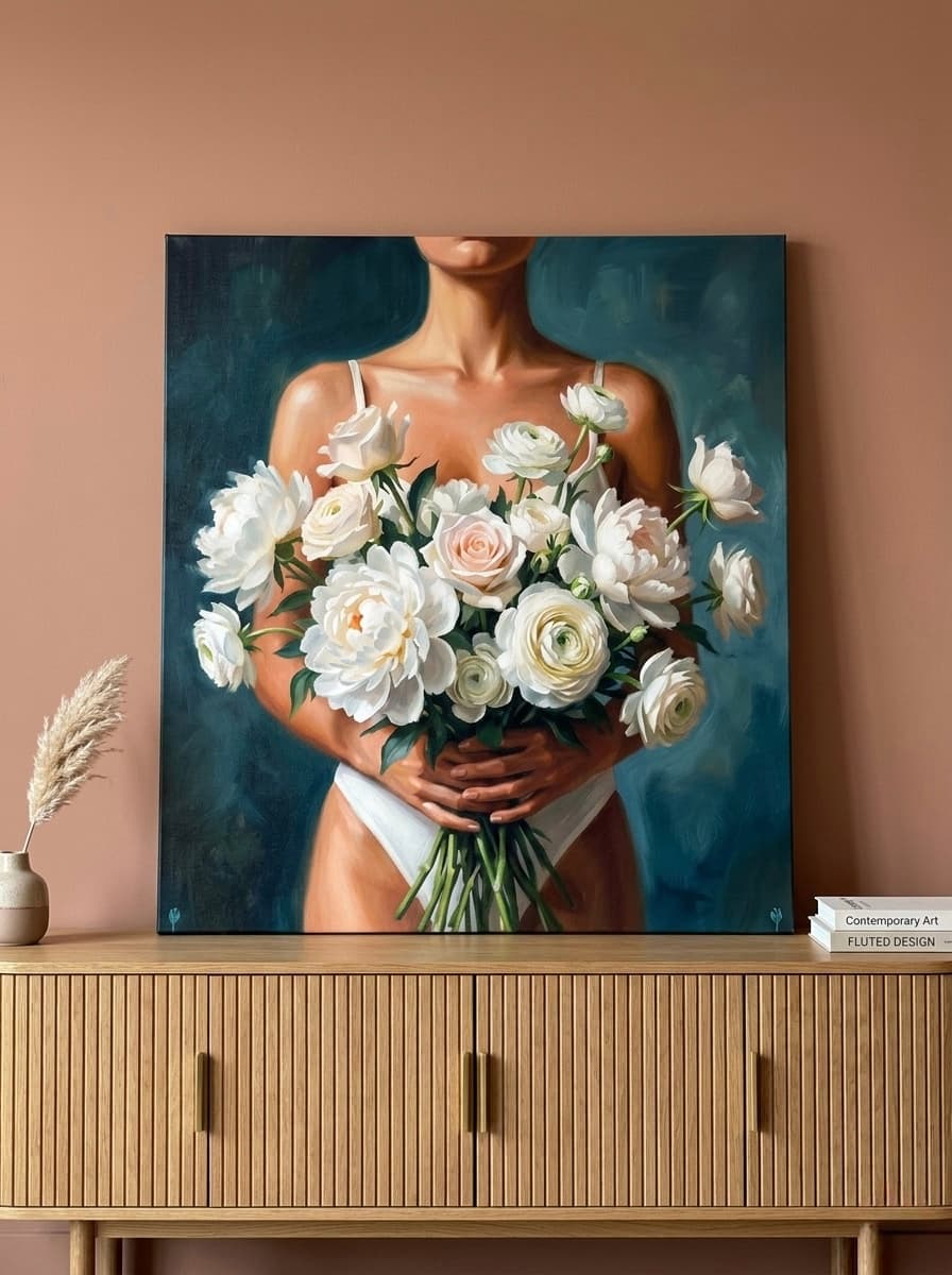 Floral Figure Oil Painting Canvas Print | Teal Feminine Wall Art | White Peonies Vintage Editorial Decor