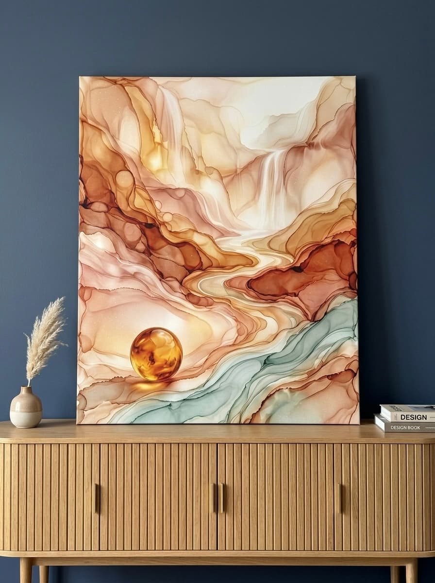 Fluid Abstract Landscape Canvas Wall Art | Gold Amber Living Room Decor | Modern Art Gift