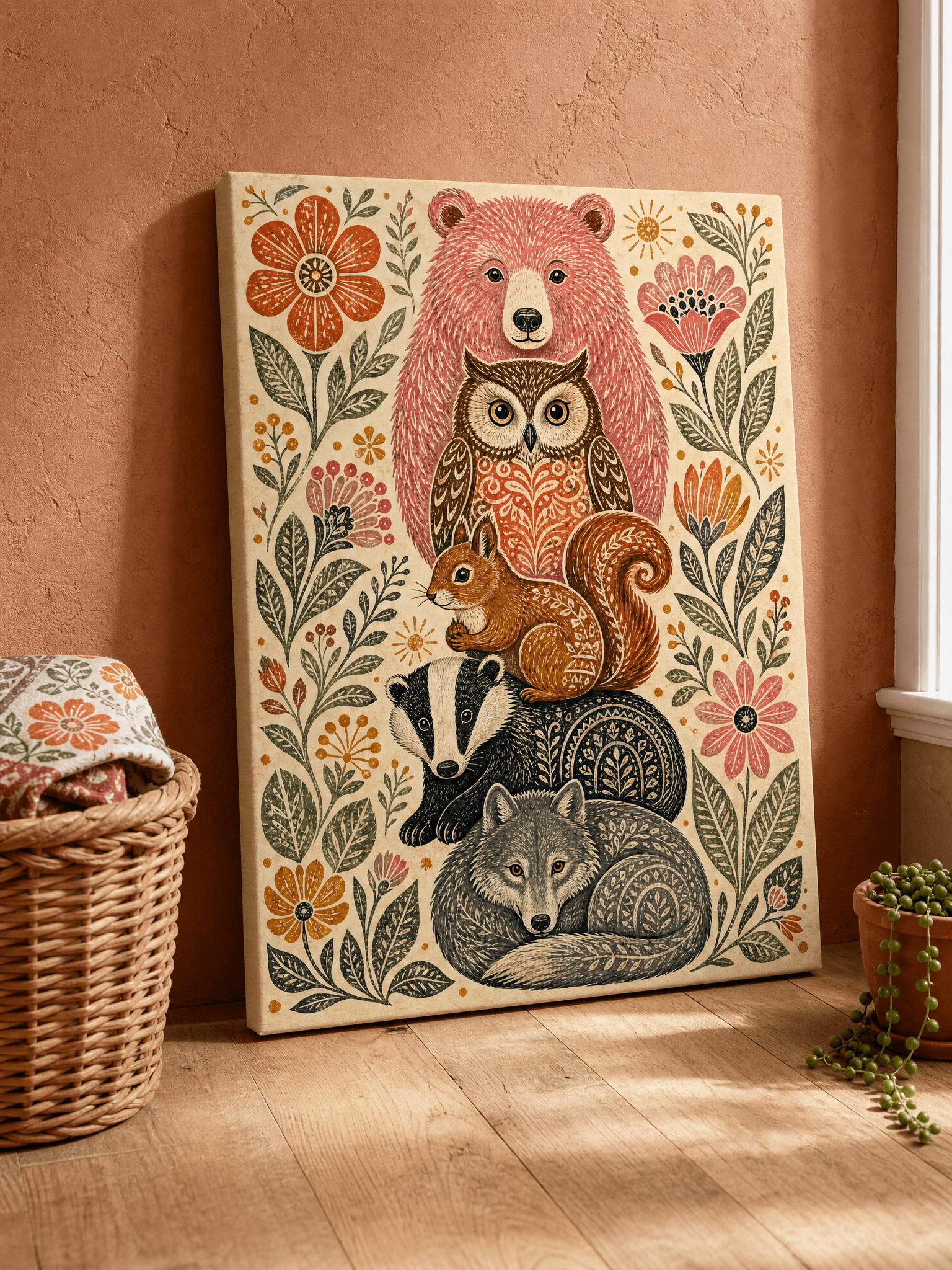 Folk Art Animal Totem Canvas Wall Art | Linocut Botanical Print | Bedroom Home Decor