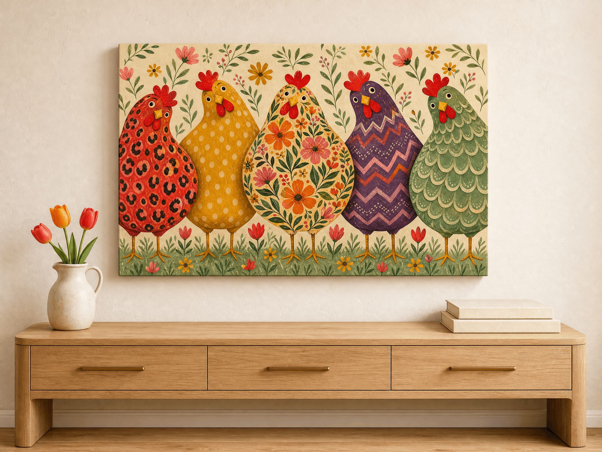 Folk Art Chickens Canvas Wall Art | Patterned Hens Print | Kitchen Home Decor
