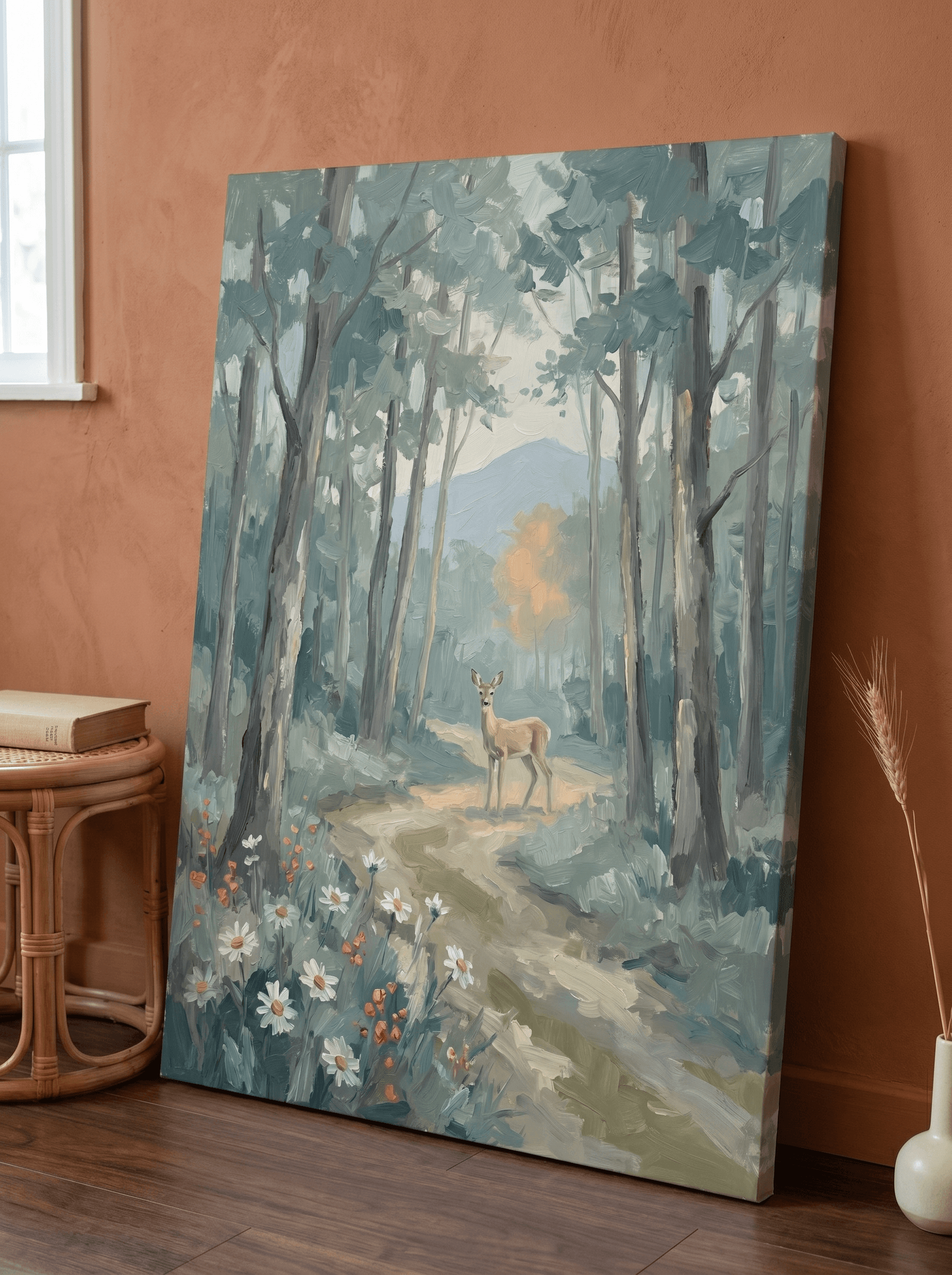 Forest Deer Wildflower Path Canvas Wall Art | Vintage Sage Woodland Print | Living Room Home Decor