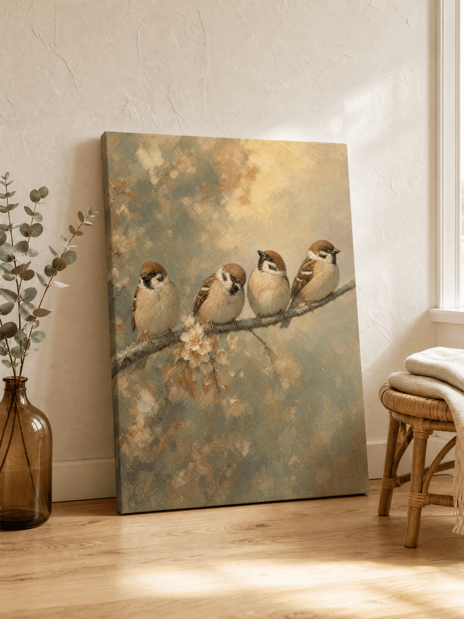 Four Sparrows On Branch Canvas Wall Art | Soft Painterly Bird Print | Bedroom Home Decor