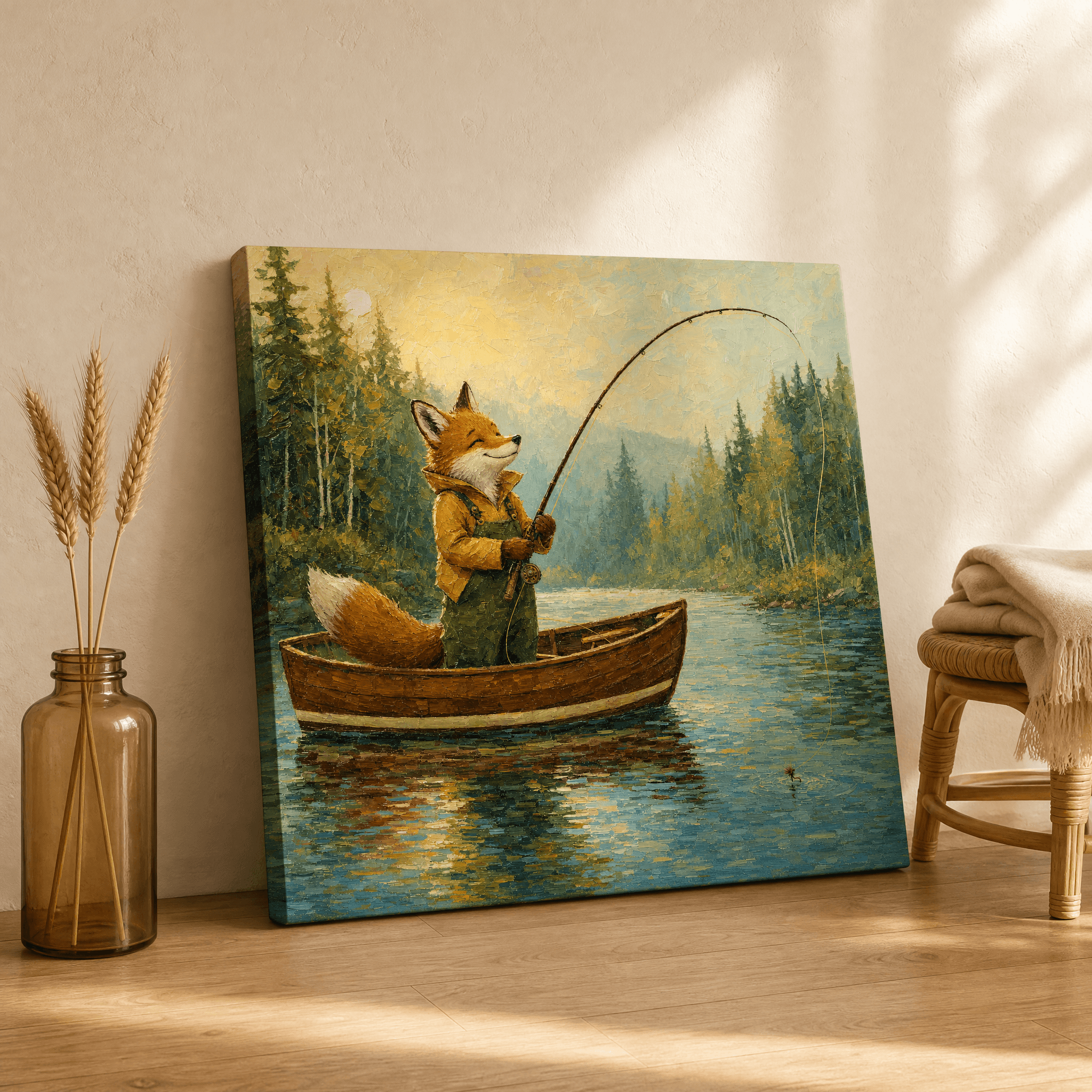 Fox Fly Fishing Boat Canvas Wall Art | Painterly Outdoor Print | Cabin Home Decor
