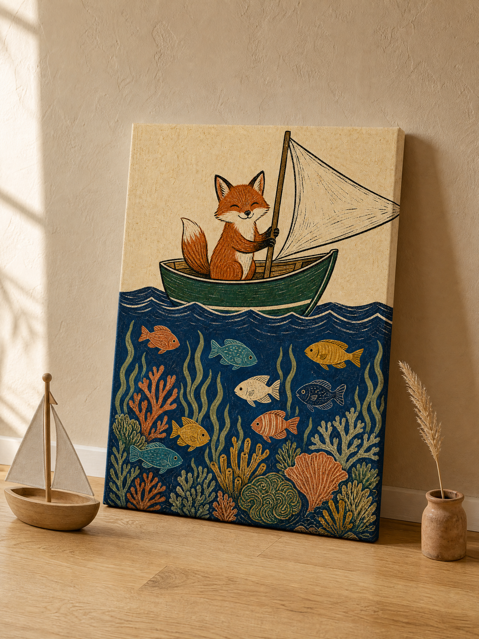 Fox In Sailboat Reef Canvas Wall Art | Linocut Nursery Print | Kids Room Home Decor