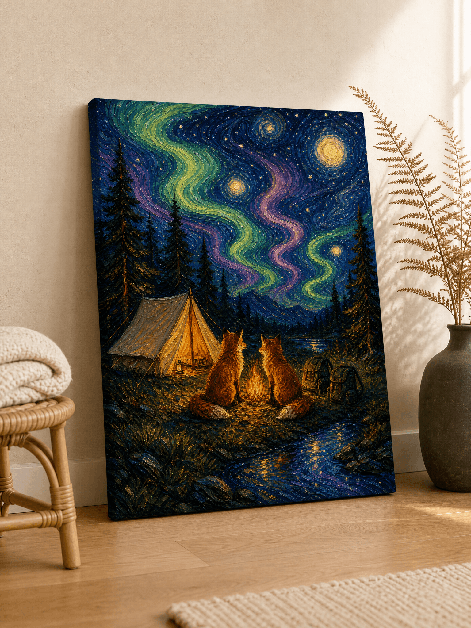 Foxes Camping Starry Night Canvas Wall Art | Van Gogh Style Print | Living Room Home Decor
