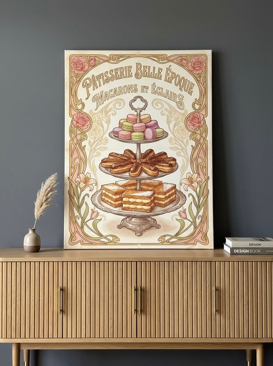 French Patisserie Canvas Wall Art | Art Nouveau Kitchen Print | Elegant Dining Room Framed Decor