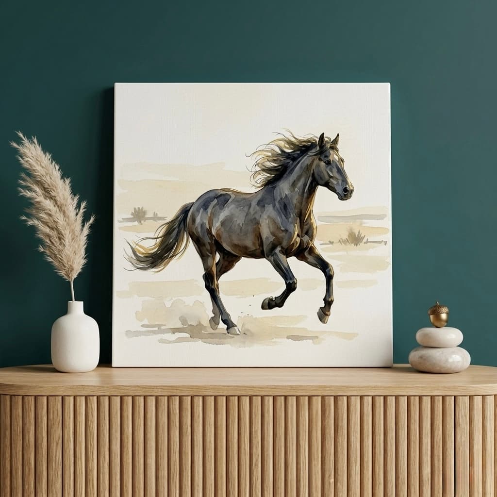 Galloping Horse Canvas Wall Art | Wild Equestrian Watercolor Framed Print | Living Room Home Decor