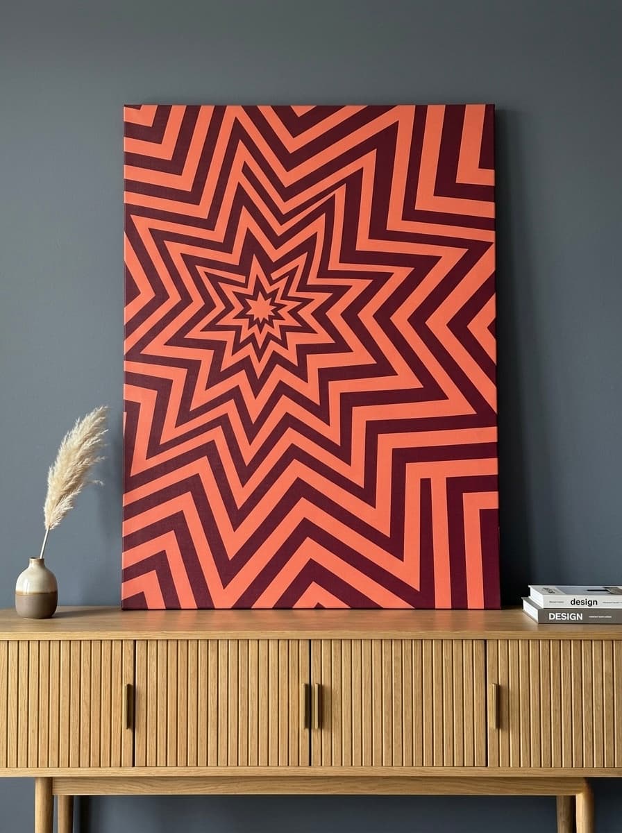 Geometric Starburst Canvas Print | Coral Red Op Art Wall Decor | Retro Burst Framed Canvas | Bold 70s Abstract Bedroom Art