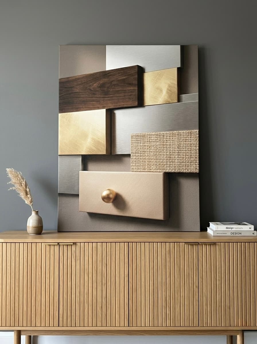 Geometric Texture Panels Canvas Wall Art | Walnut Gold Abstract Print | Modern Luxury Decor