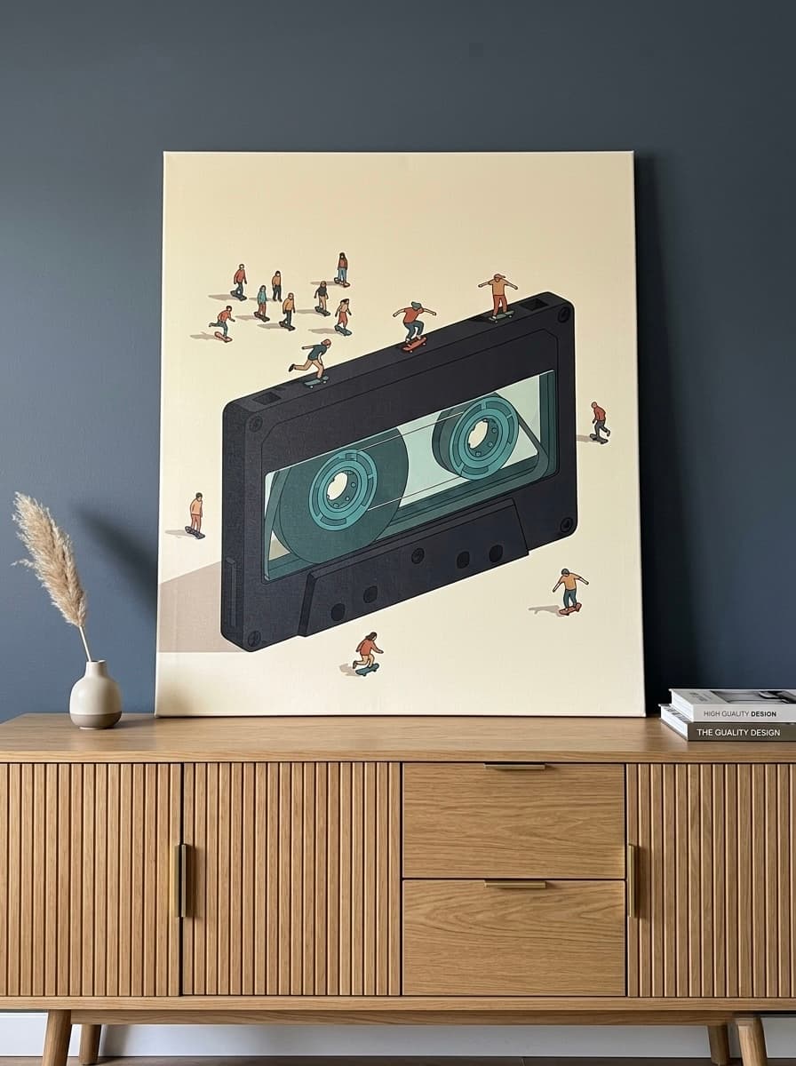 Giant Cassette Tape Art Canvas Print | Surreal Y2K Wall Art | Music Lover Framed Canvas | Charcoal Teal Retro Illustration