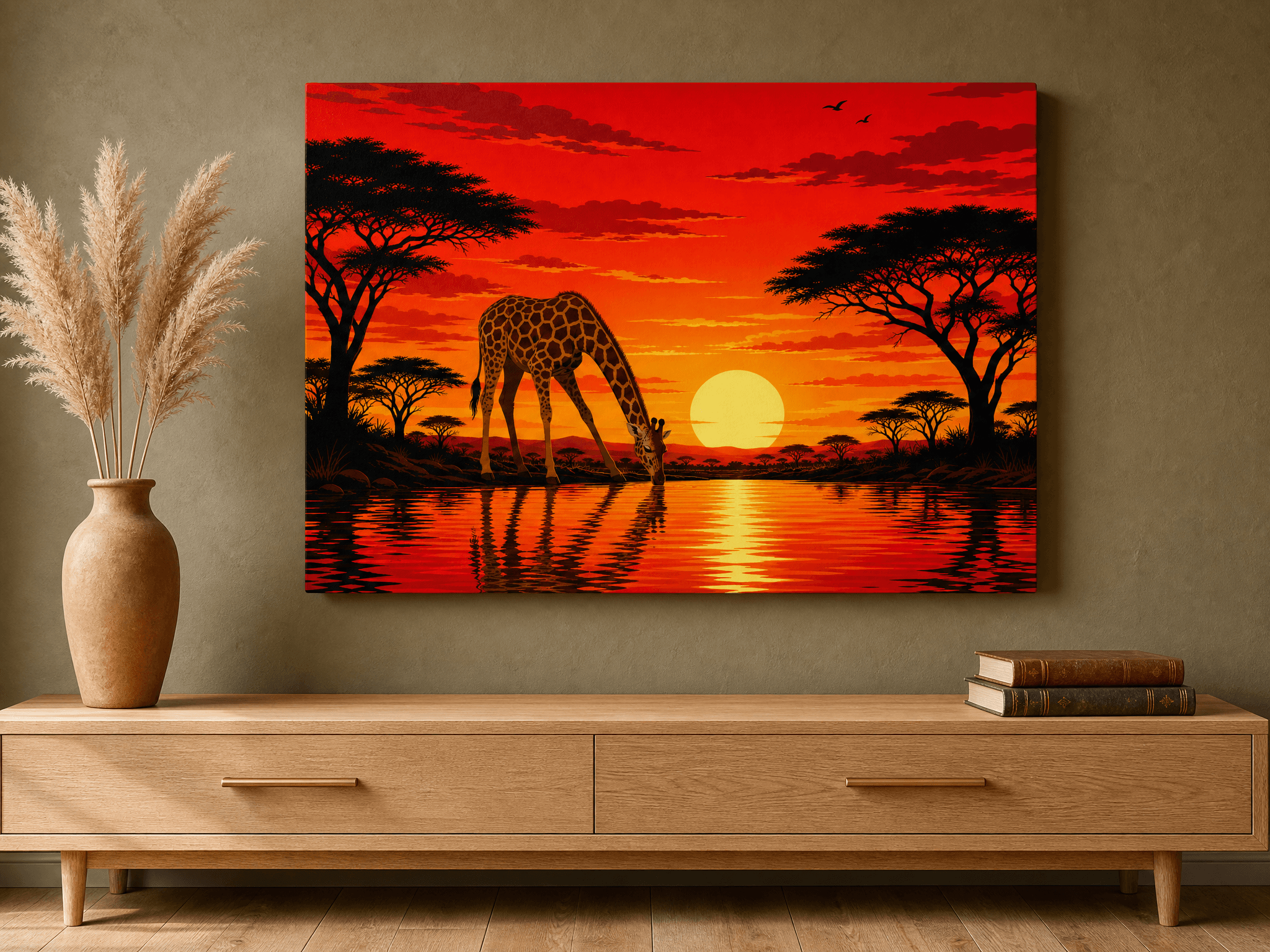 Giraffe Sunset Waterhole Canvas Wall Art | African Vector Print | Living Room Home Decor