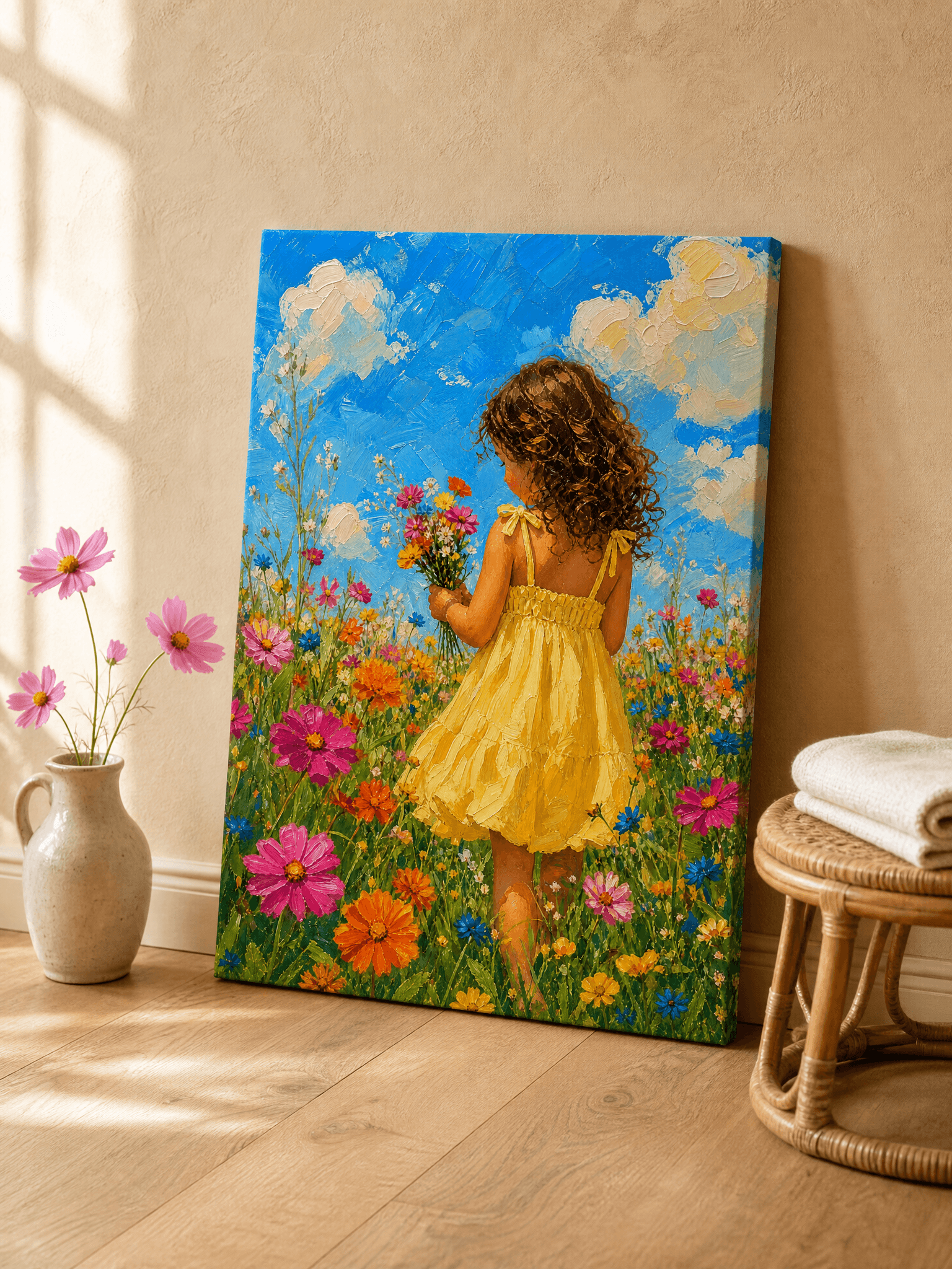Girl In Wildflower Field Yellow Dress Canvas Wall Art | Pop Art Impressionist Print | Living Room Home Decor