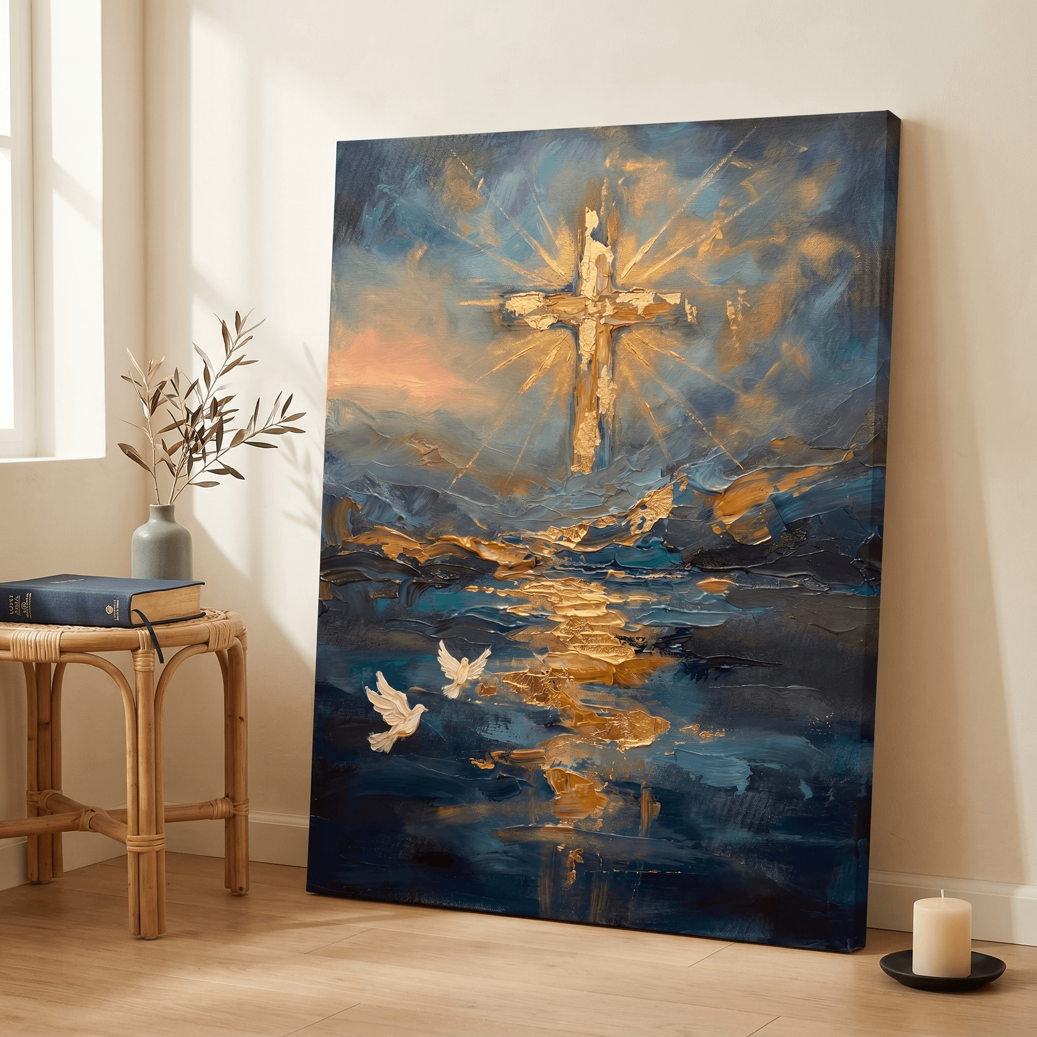 Glowing Cross Stormy Sea Canvas Wall Art | Gold Leaf Christian Oil Print | Home Decor