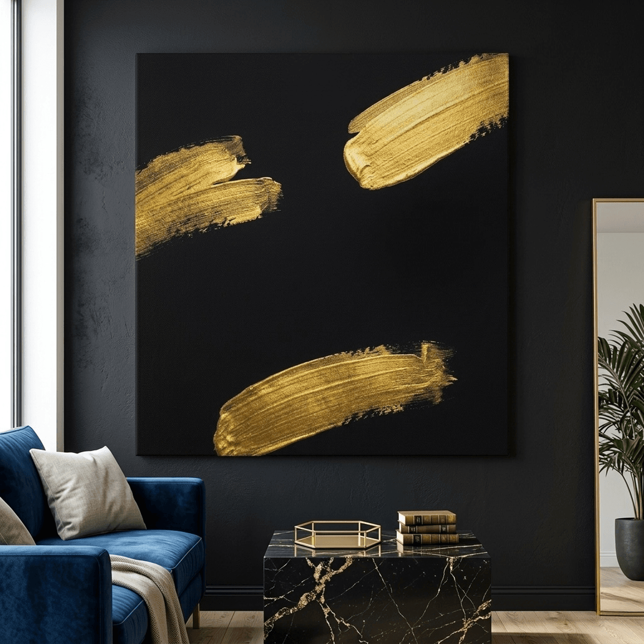 Gold Brush Strokes Canvas Wall Art | Minimalist Abstract Framed Print | Luxury Home Decor