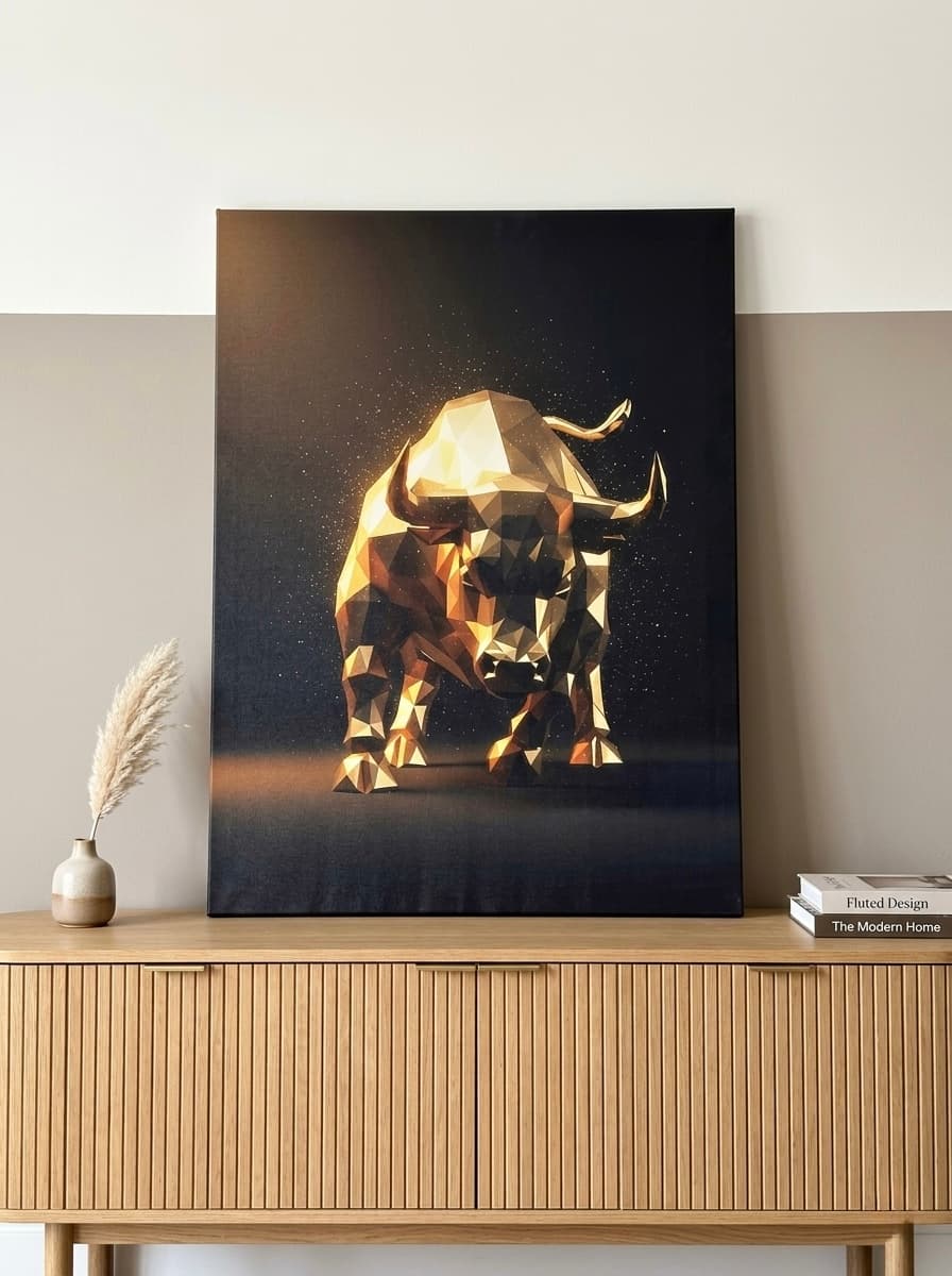 Gold Bull Wall Art Canvas | Luxury Finance Framed Print | Home Office Trading Room Decor